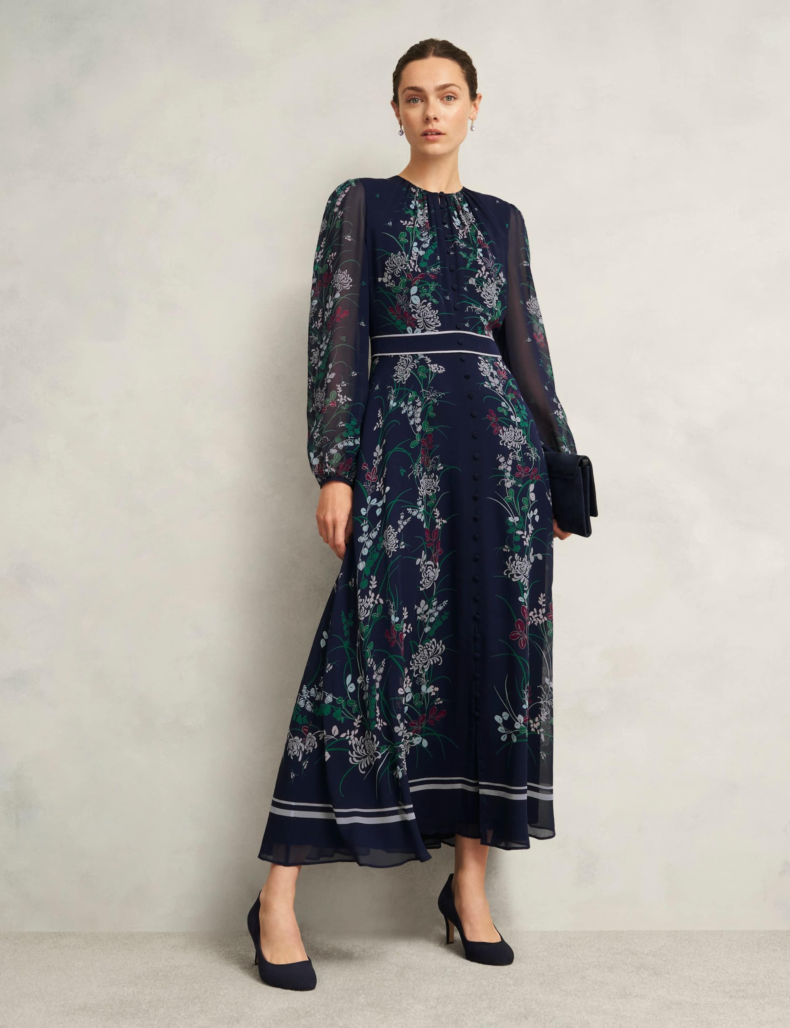 Silk Floral Round Neck Midaxi Waisted Dress 3 of 5