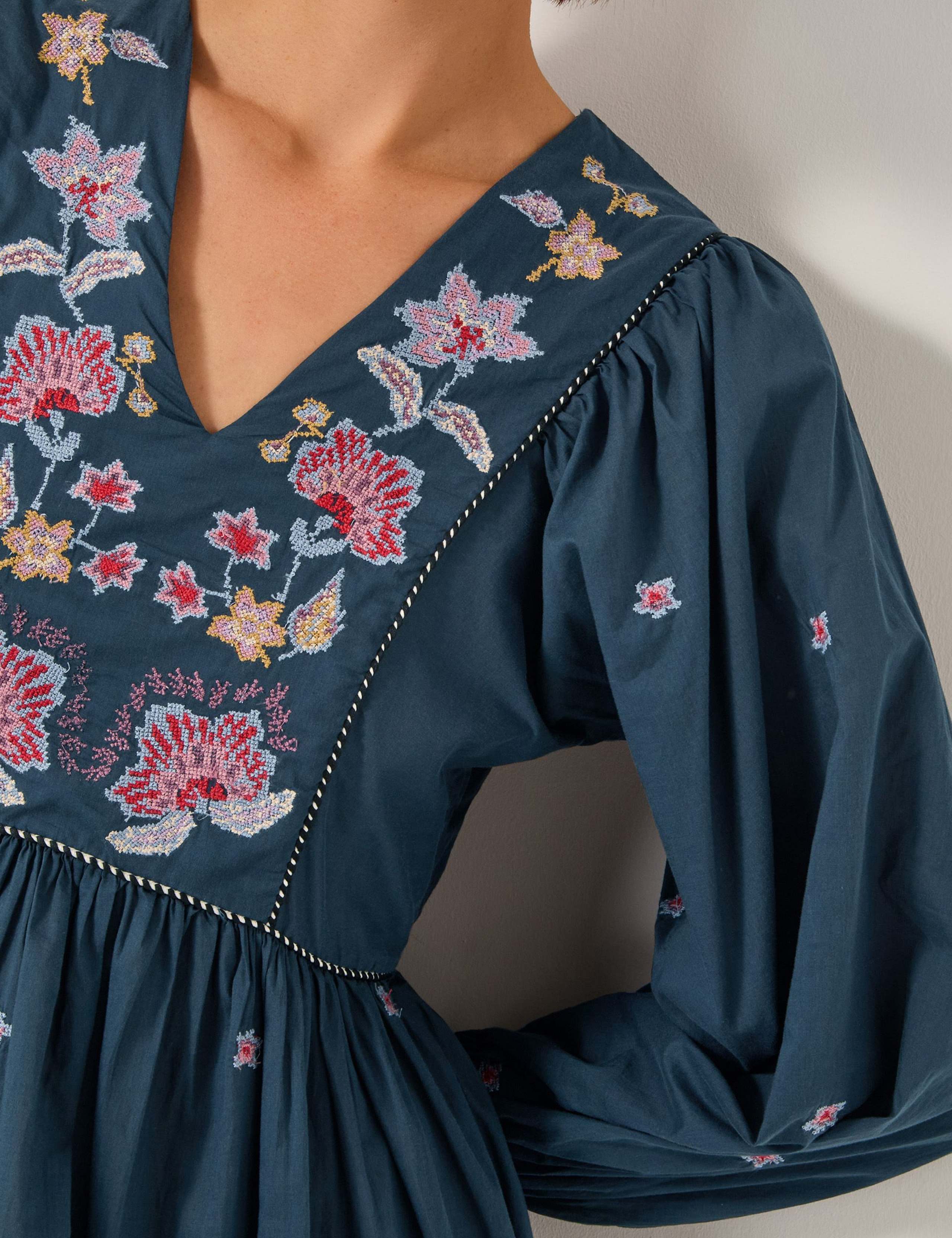 Pure Cotton Embroidered V-Neck Skater Dress 3 of 4