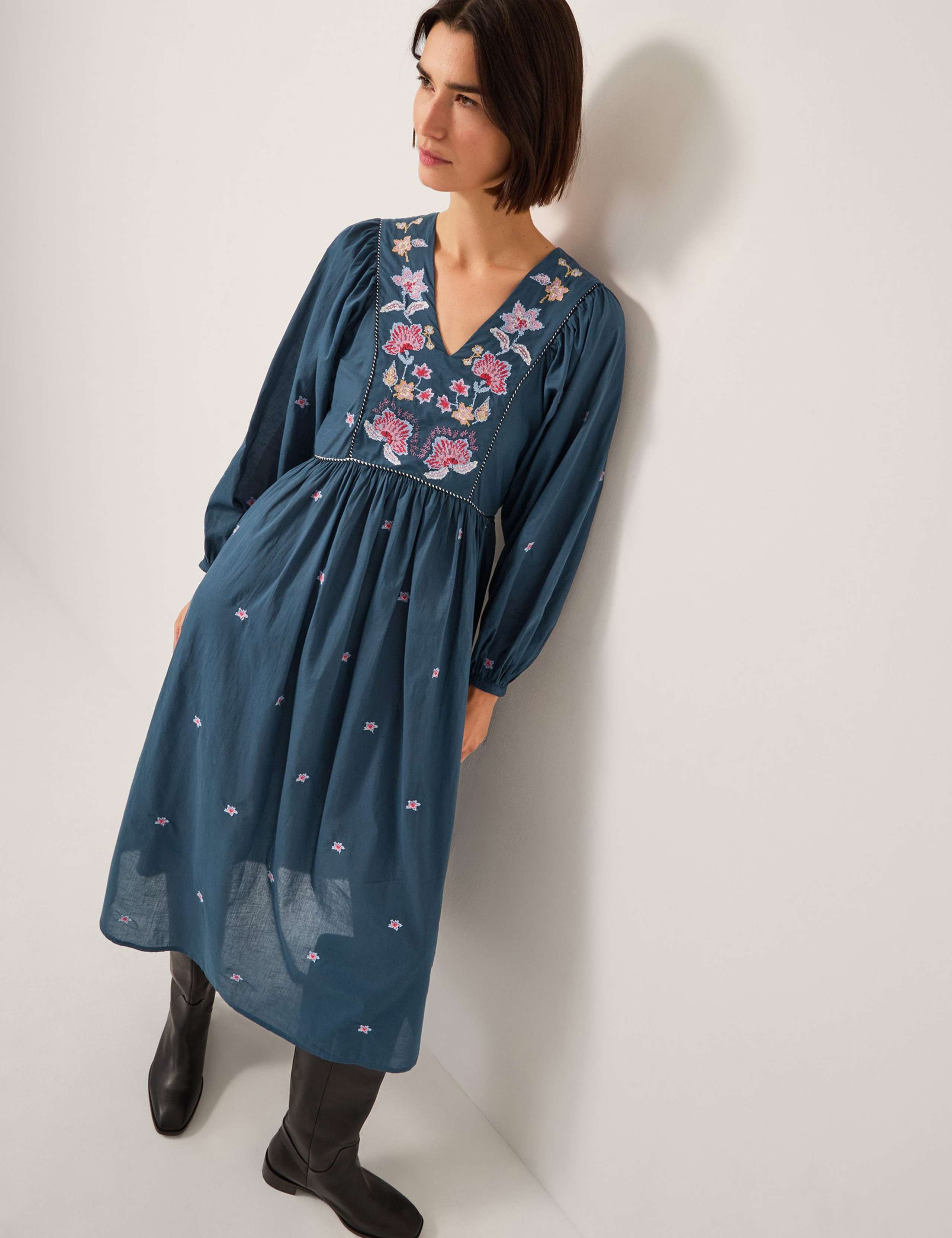 Pure Cotton Embroidered V-Neck Skater Dress 4 of 4