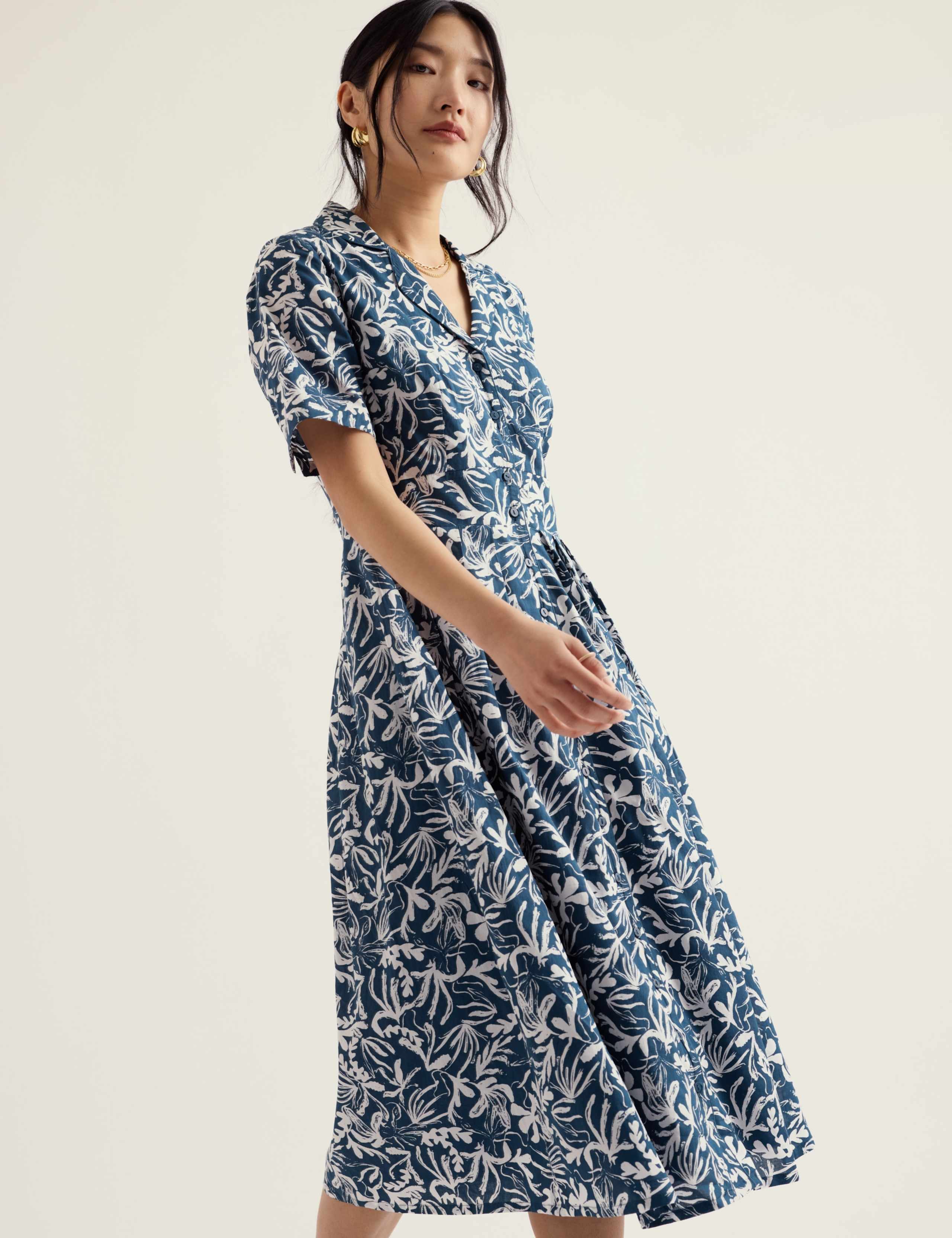 Pure Cotton Floral V-Neck Midi Shirt Dress 3 of 5