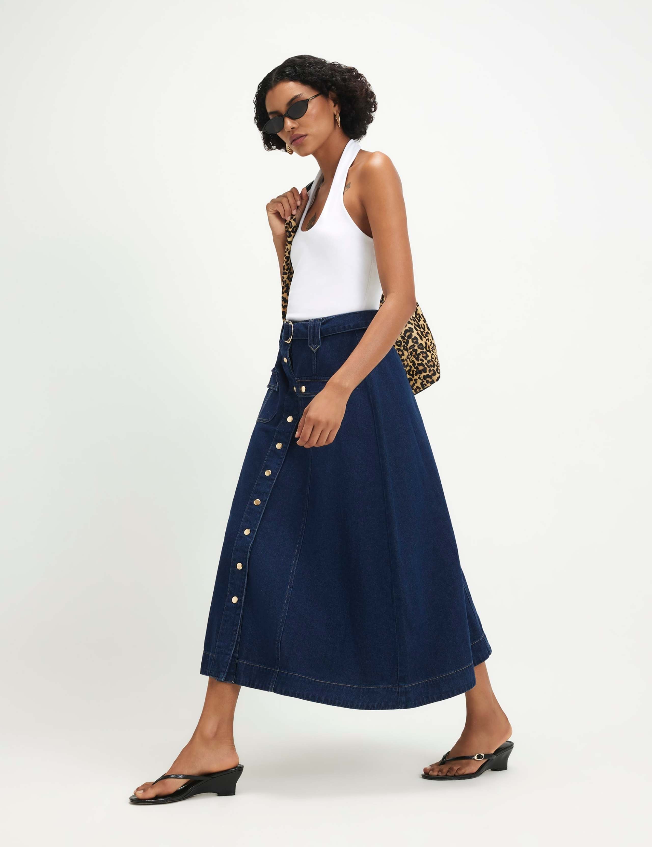 Denim Belted Flap Pocket Midi Utility Skirt 1 of 6