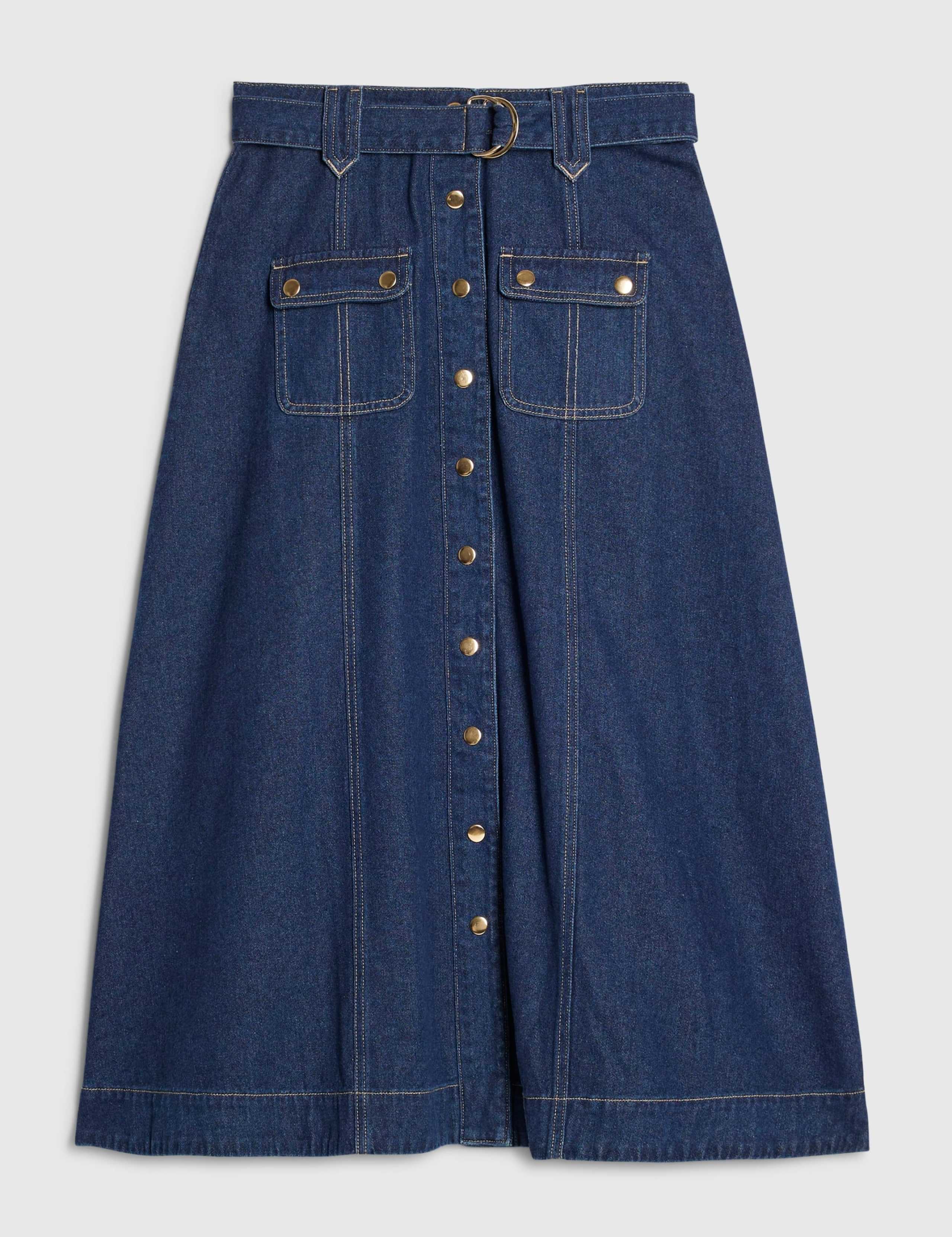 Denim Belted Flap Pocket Midi Utility Skirt 2 of 6