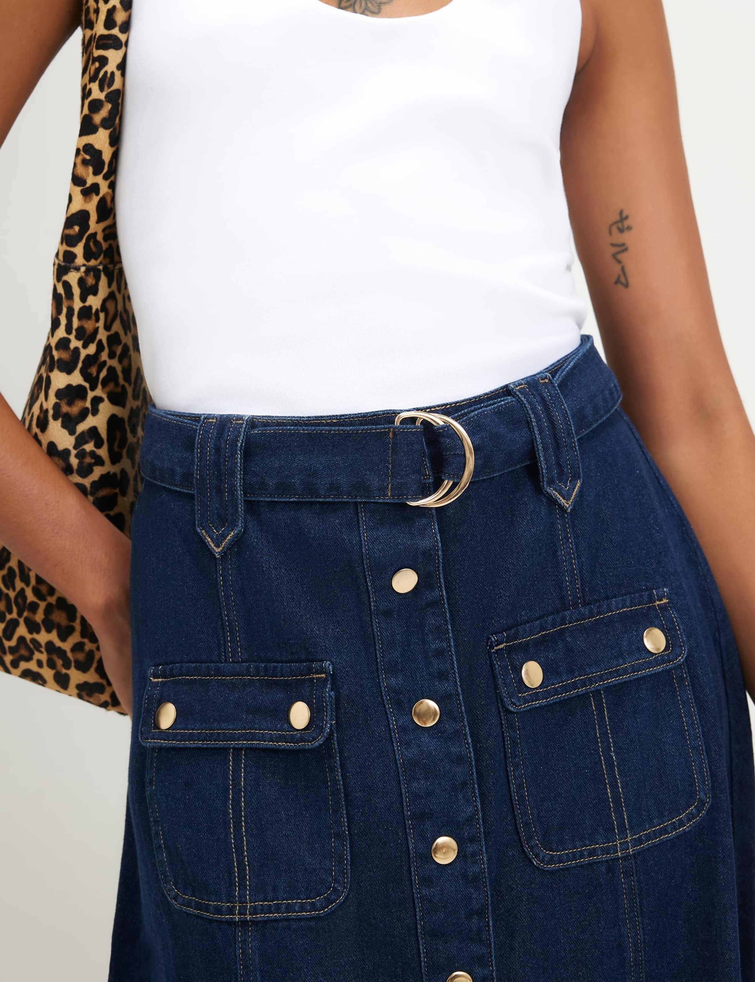 Denim Belted Flap Pocket Midi Utility Skirt 4 of 6