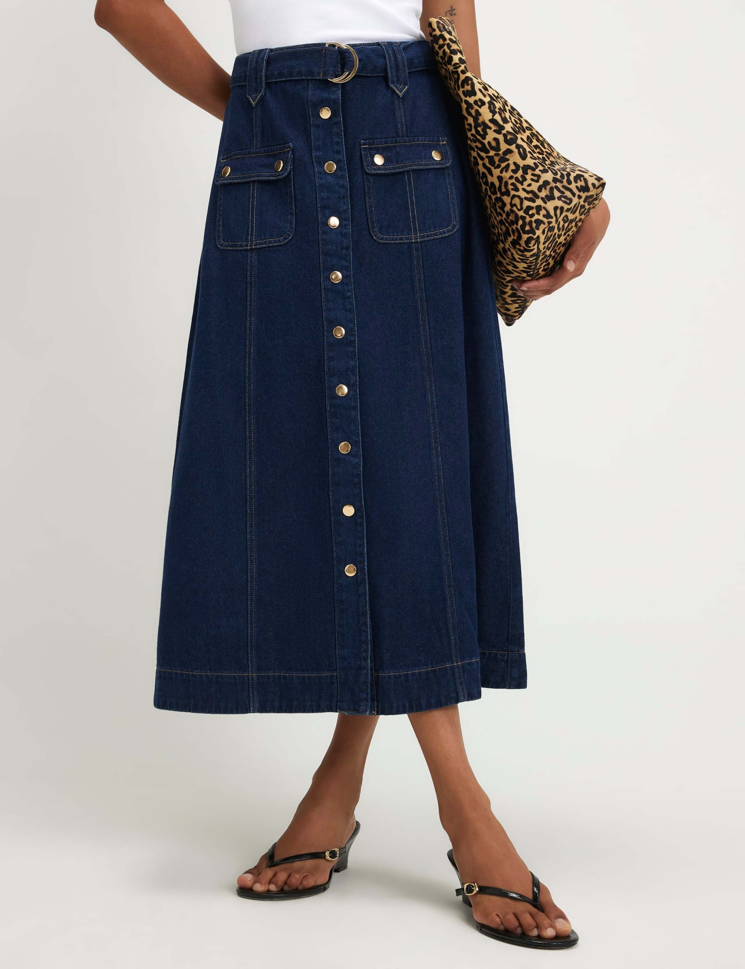 Denim Belted Flap Pocket Midi Utility Skirt 5 of 6