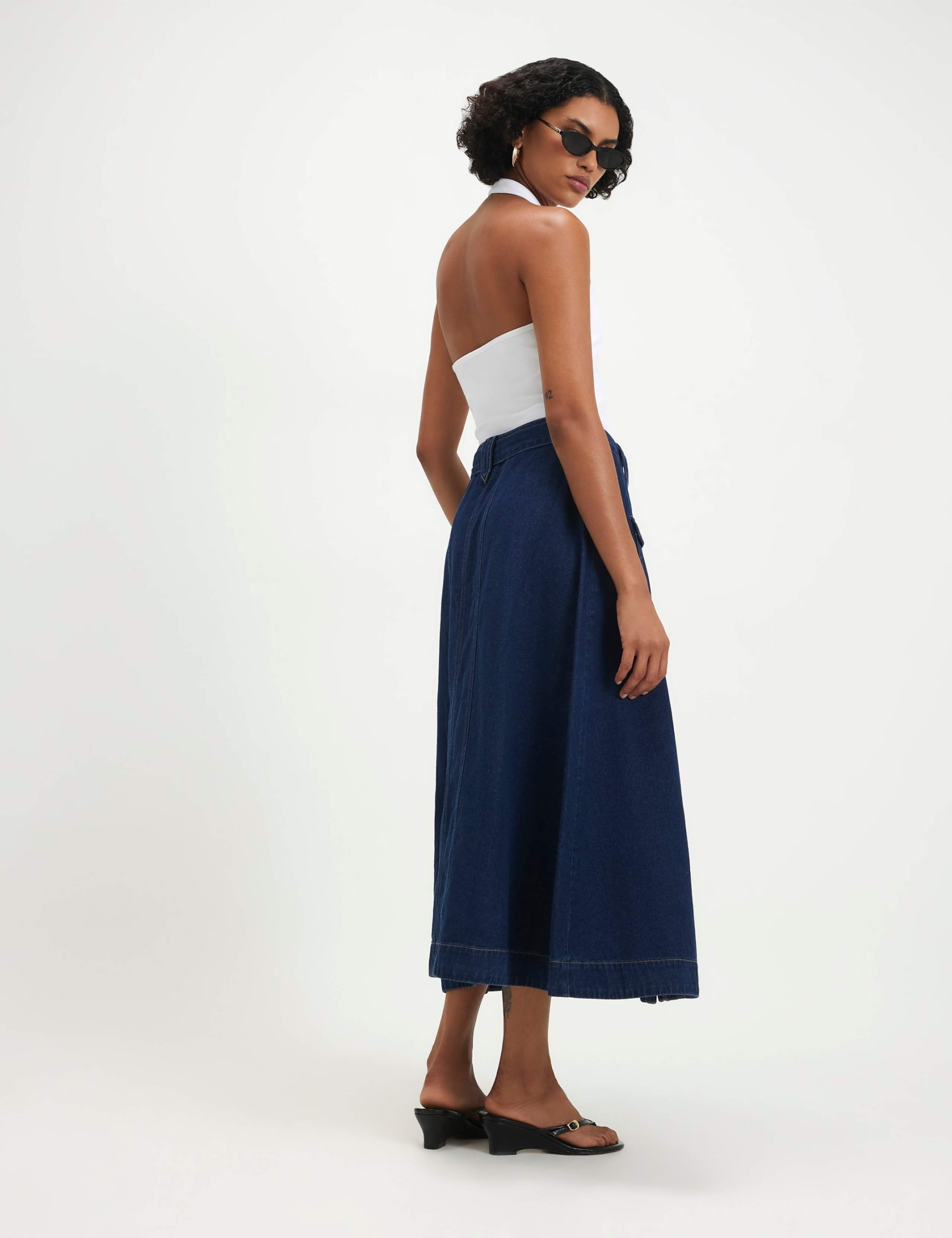Denim Belted Flap Pocket Midi Utility Skirt 6 of 6