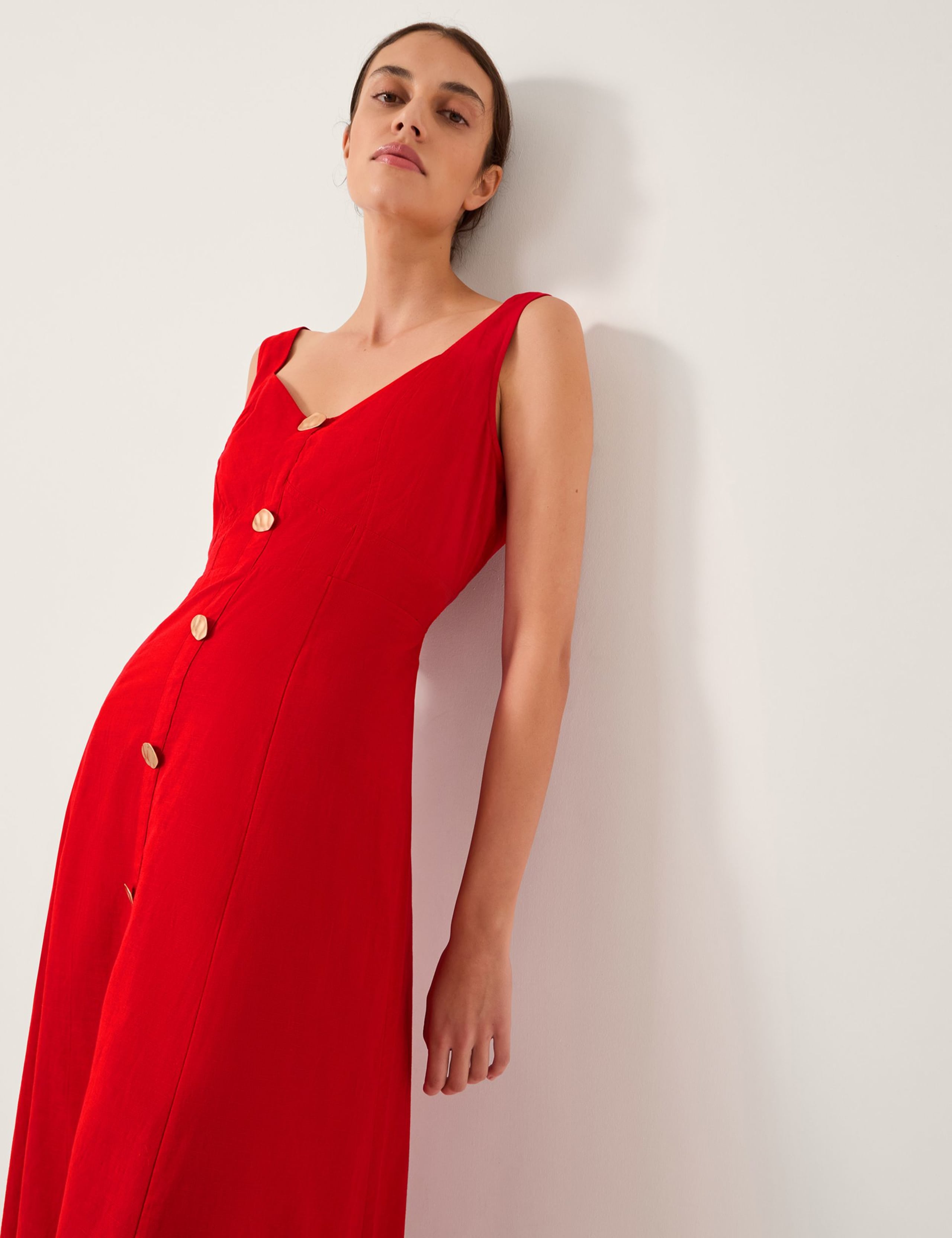 Cotton Rich Button Front Midi Dress with Linen 4 of 4