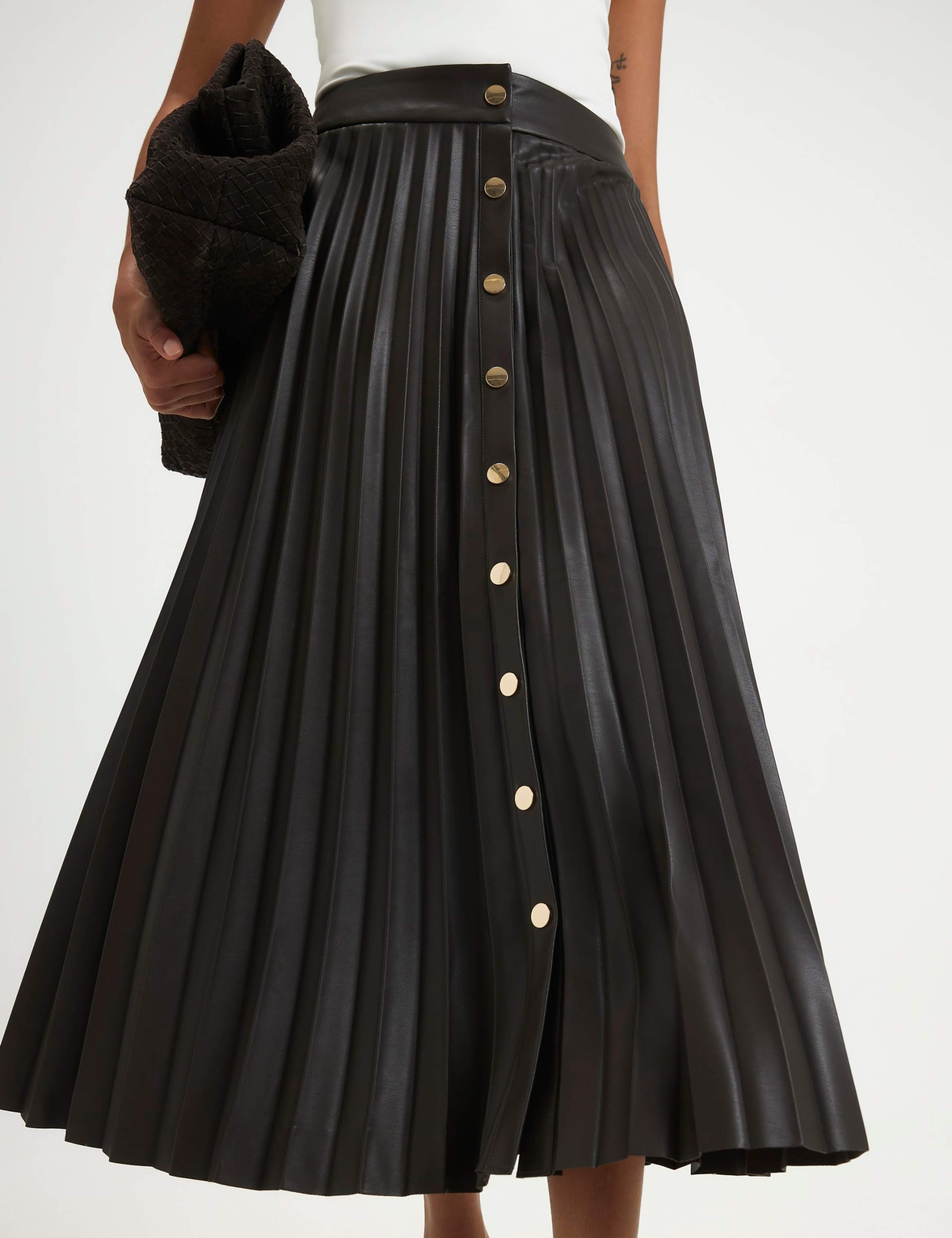 Leather Look Popper Front Pleated Midi Skirt 2 of 6