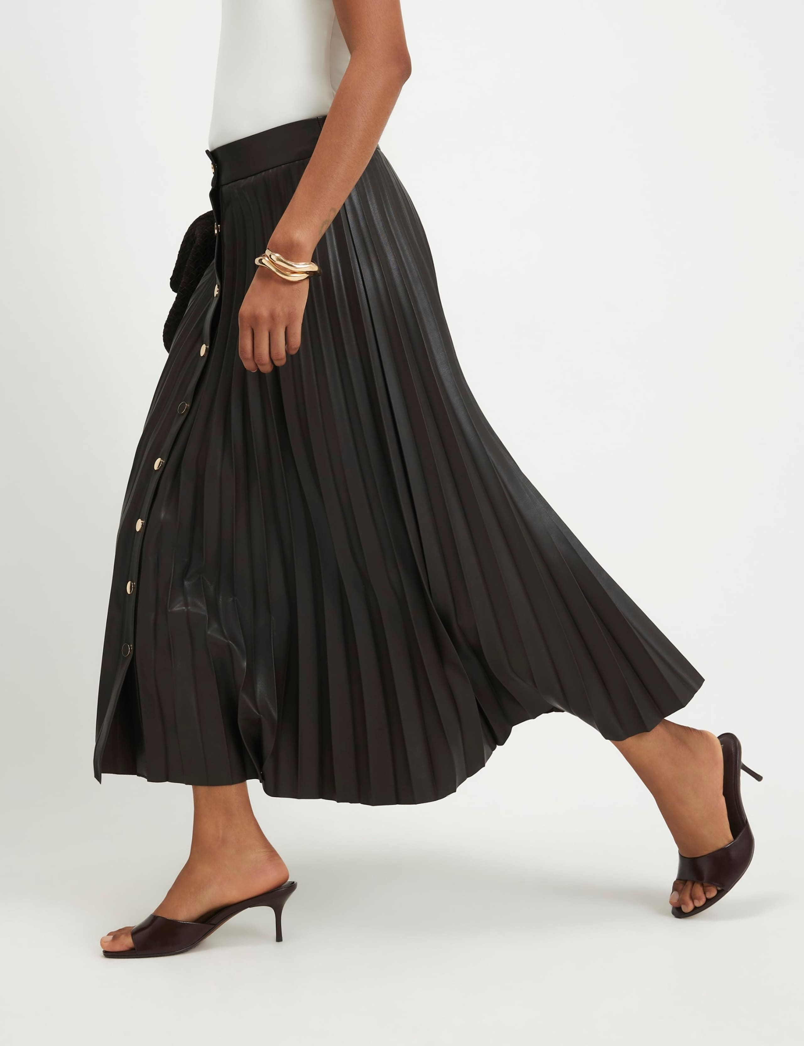 Leather Look Popper Front Pleated Midi Skirt 4 of 6
