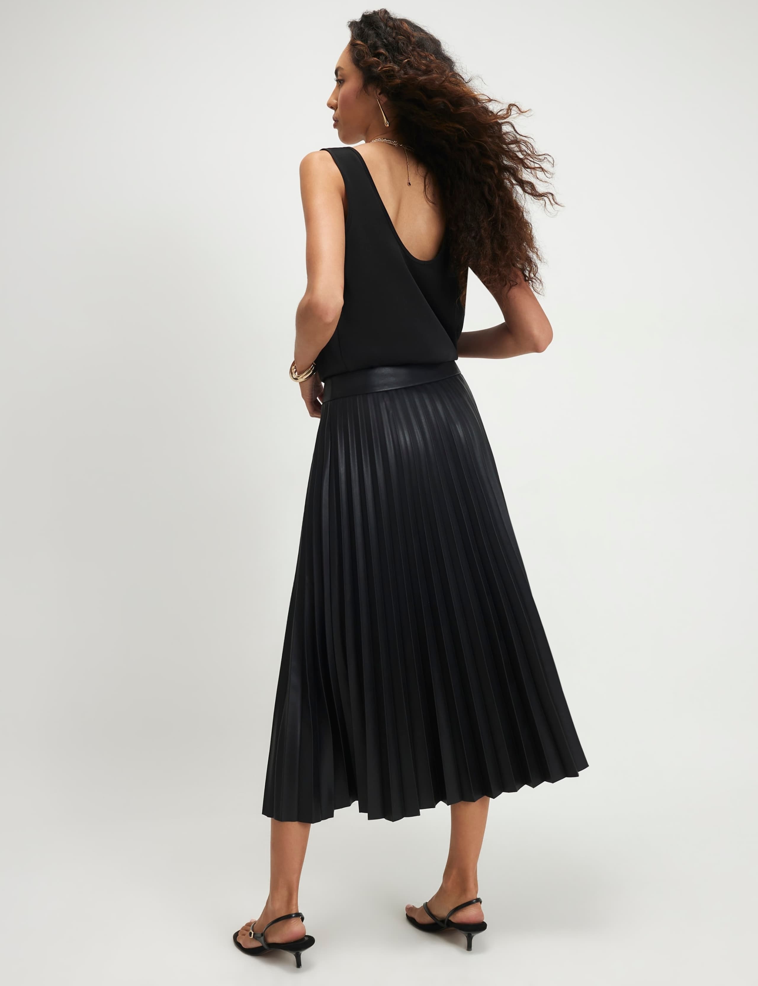 Leather Look Popper Front Pleated Midi Skirt 2 of 6