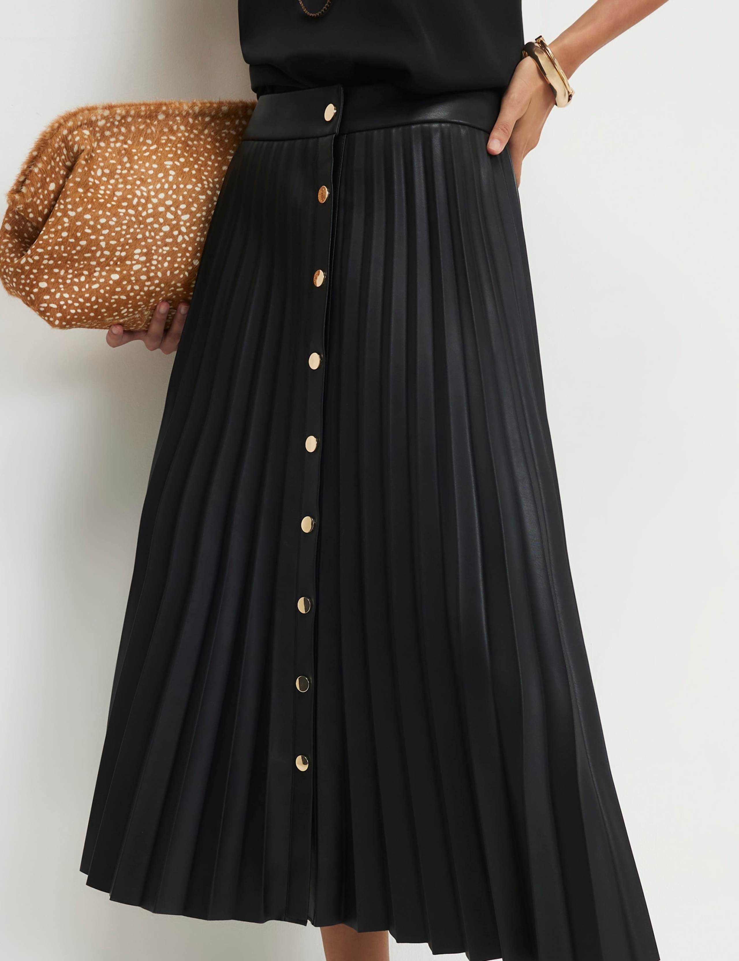 Leather Look Popper Front Pleated Midi Skirt 3 of 6