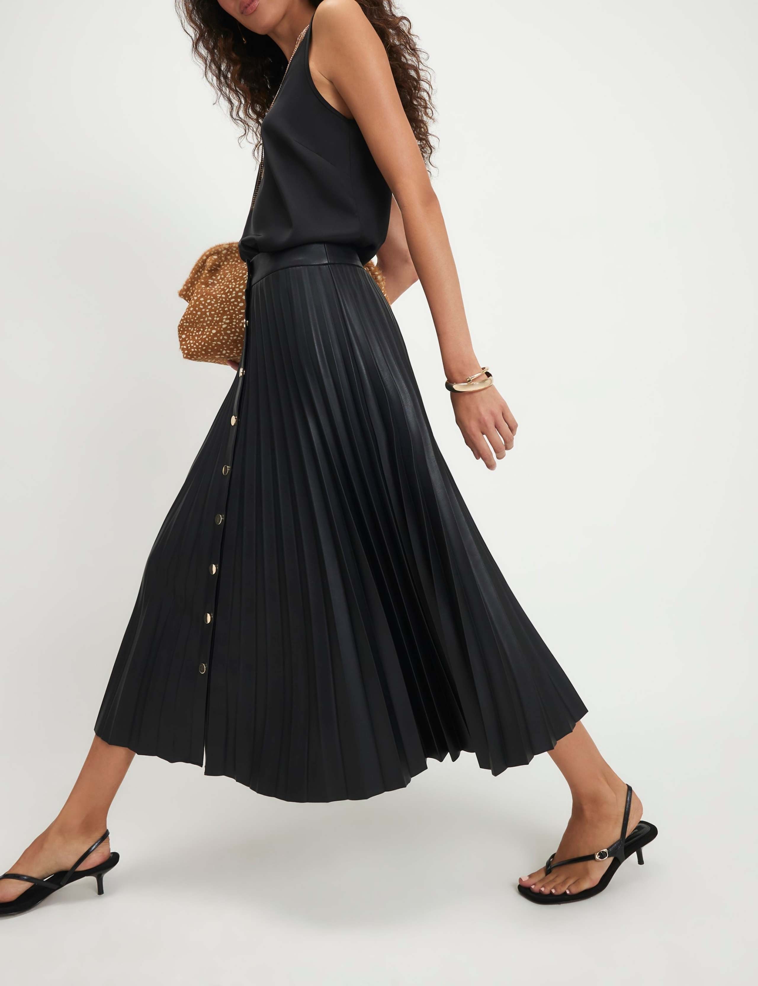 Leather Look Popper Front Pleated Midi Skirt 4 of 6