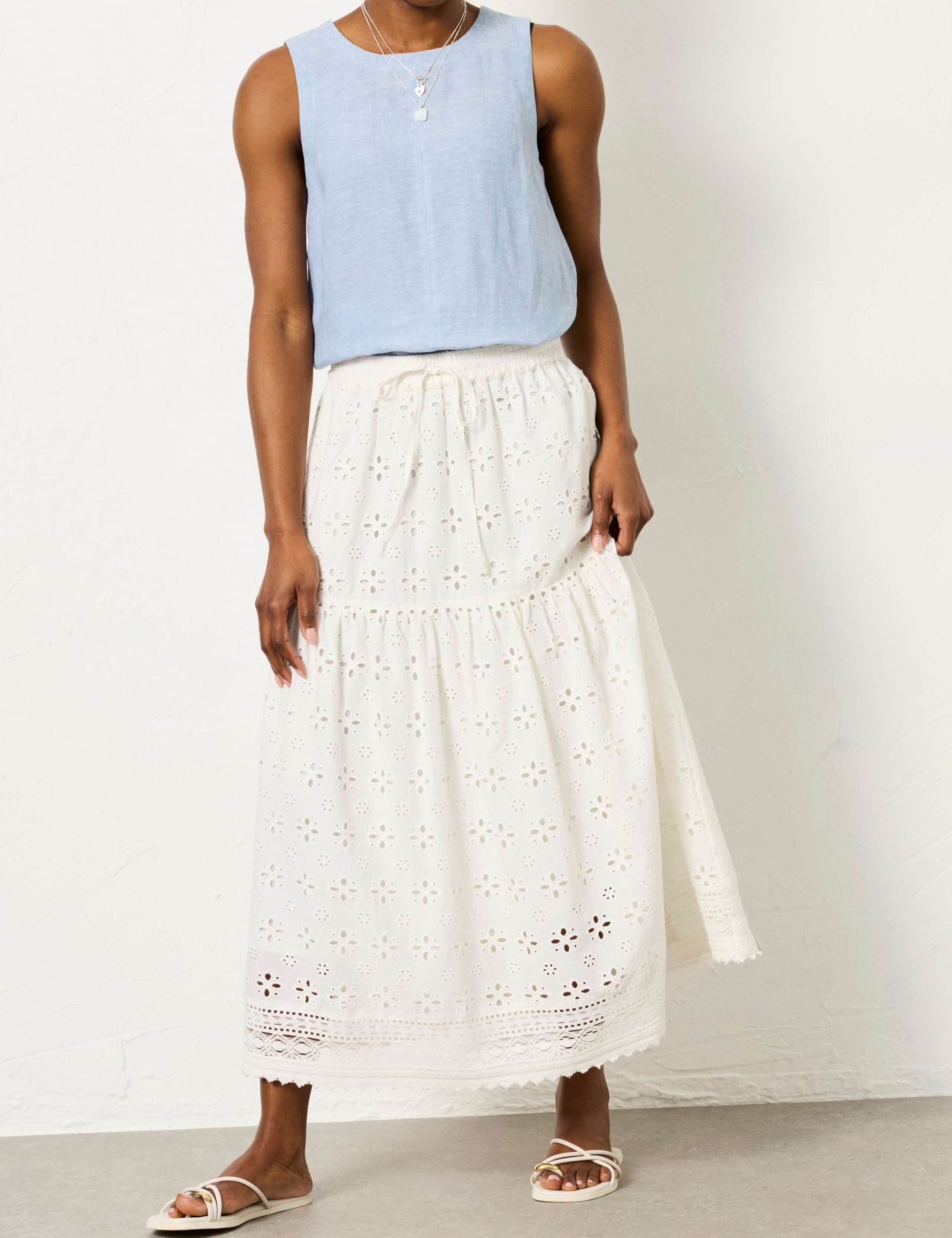 Pure Cotton Broderie Midi Tiered Skirt 4 of 7