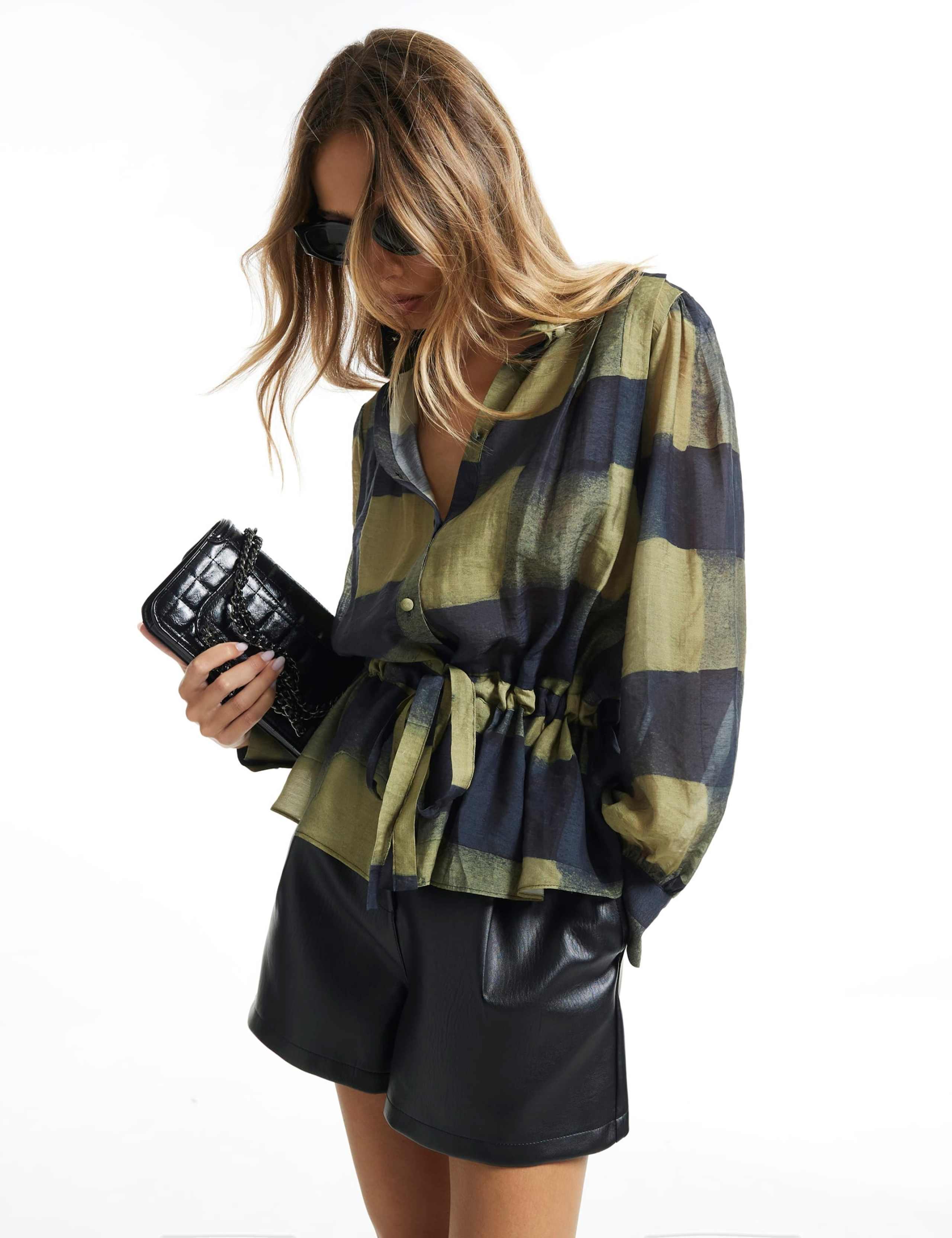Checked Funnel Neck Tie Waist Top 3 of 6