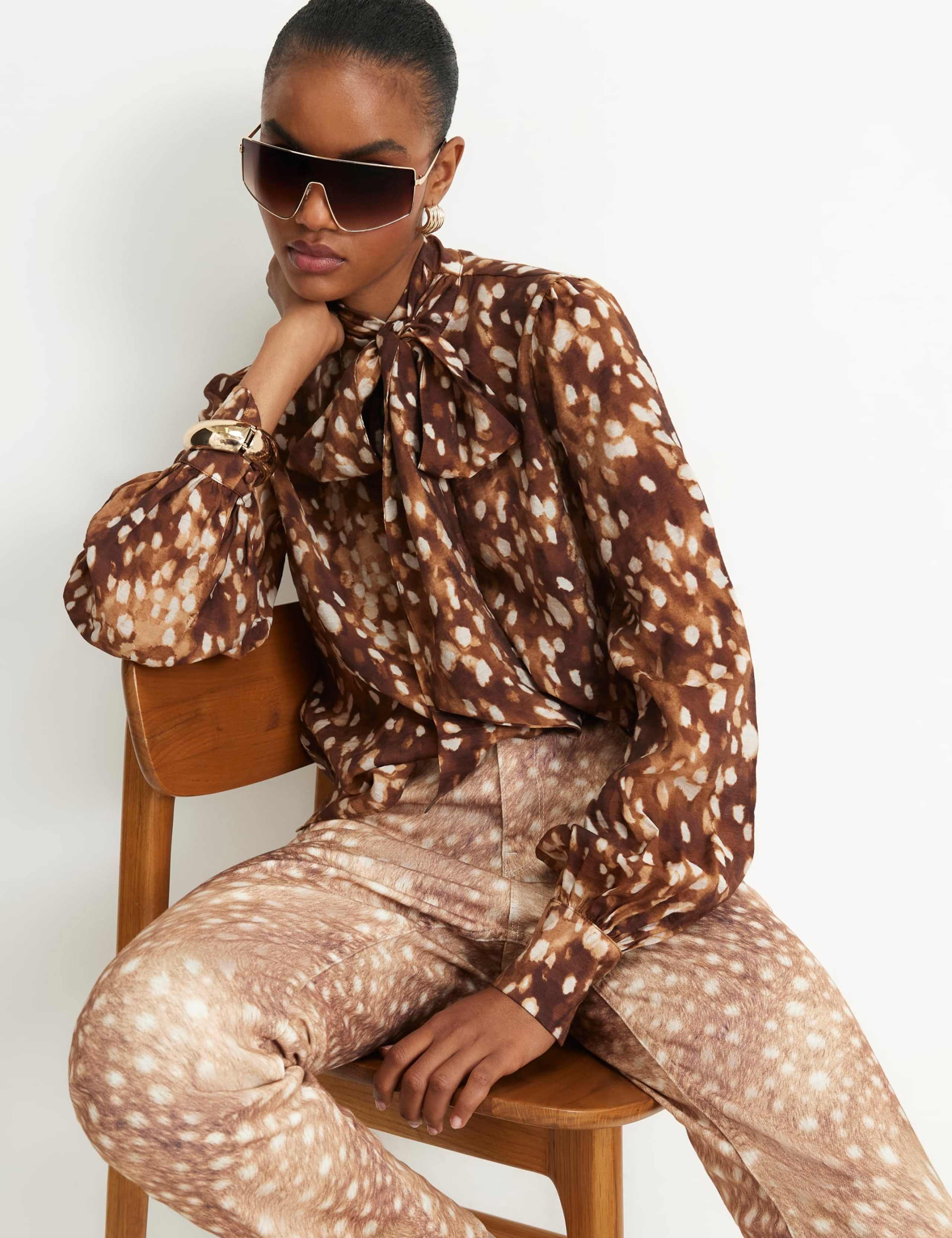 Deer Print Tie Neck Blouse 1 of 6
