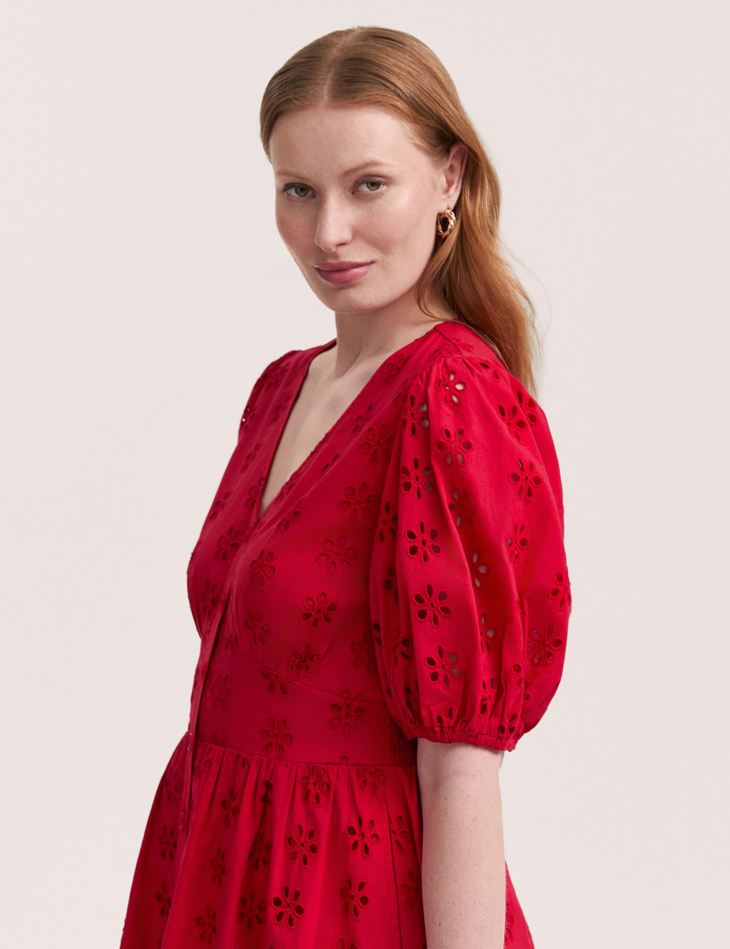 Pure Cotton Broderie V-Neck Midi Dress 3 of 4