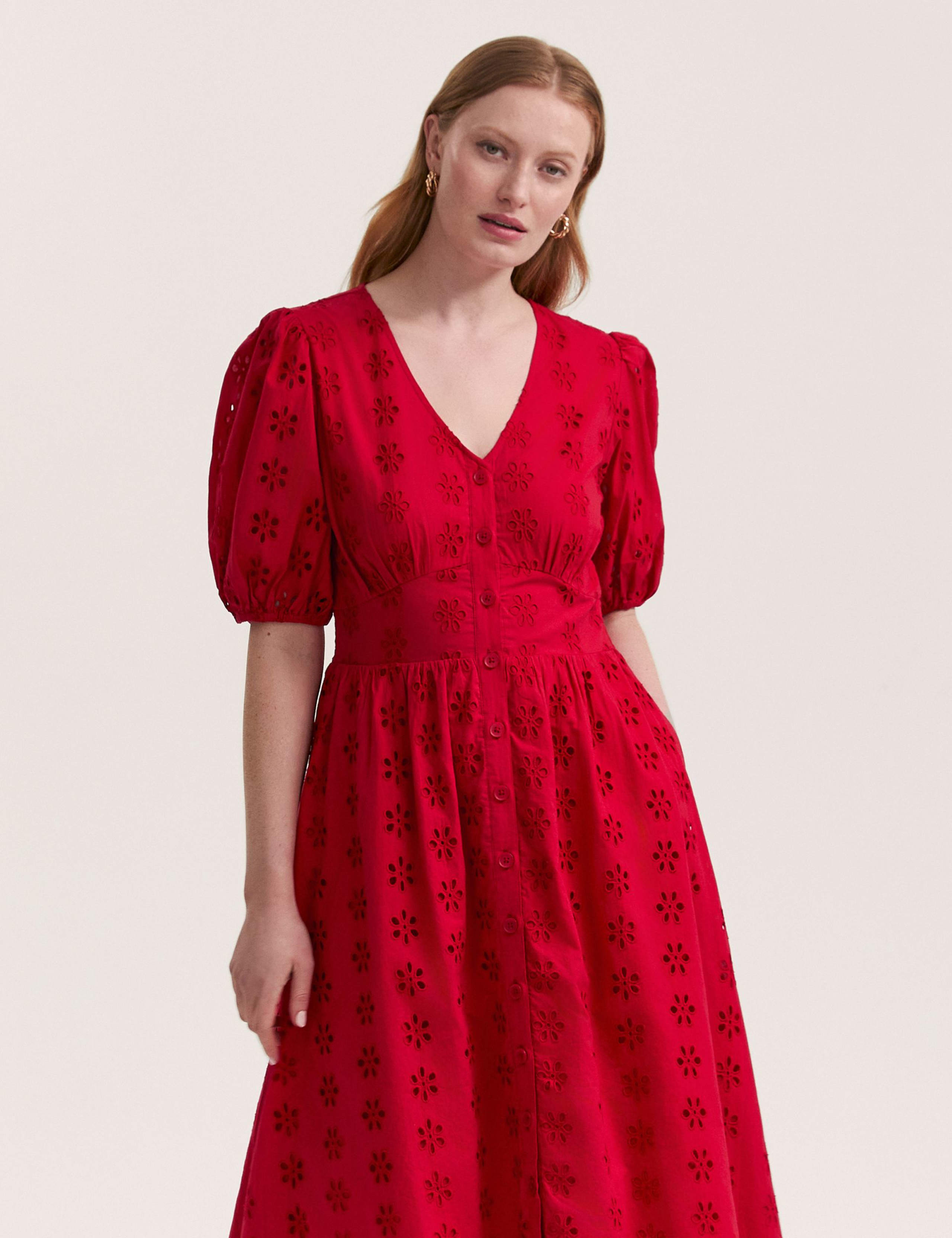 Pure Cotton Broderie V-Neck Midi Dress 4 of 4