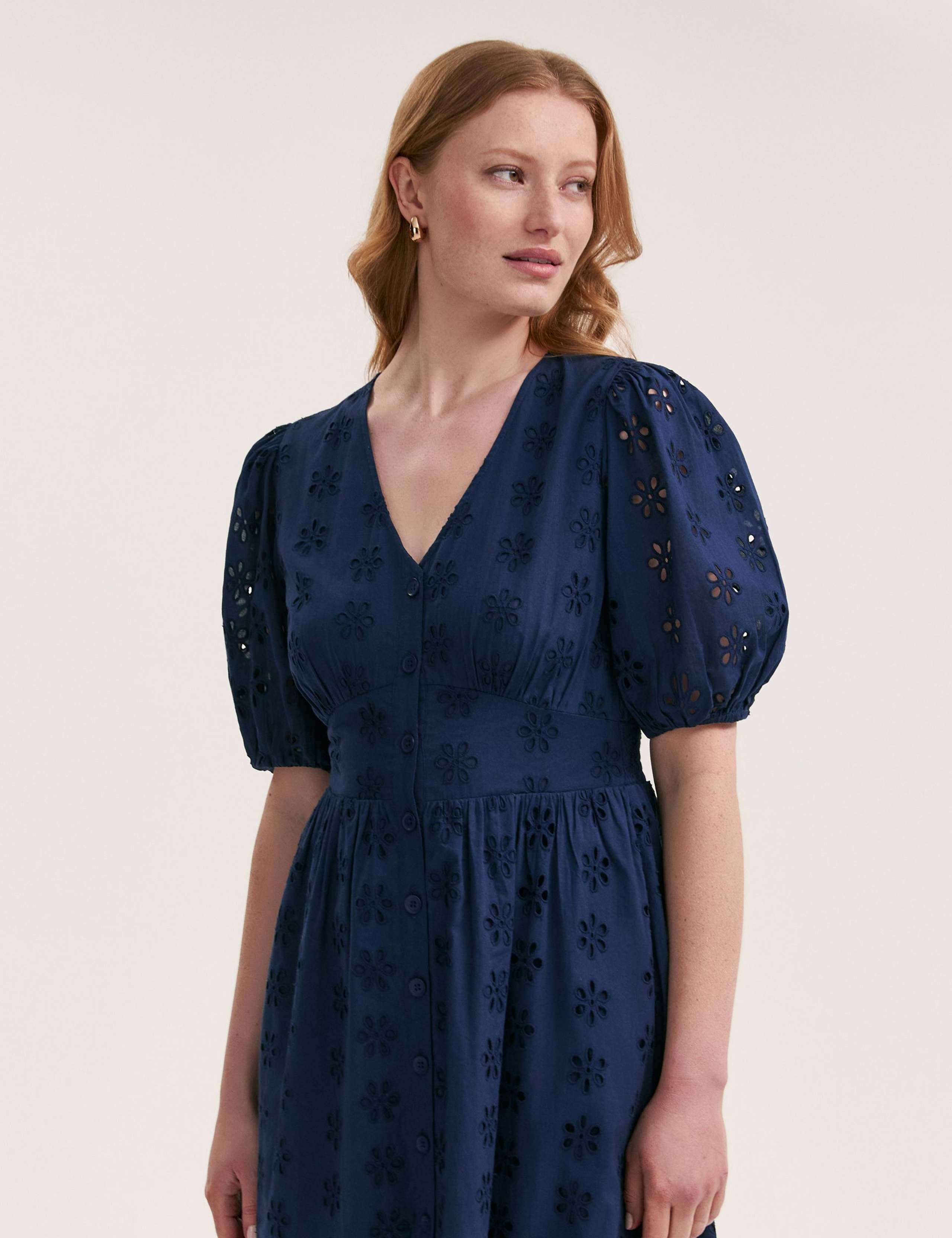 Pure Cotton Broderie V-Neck Midi Dress 3 of 4