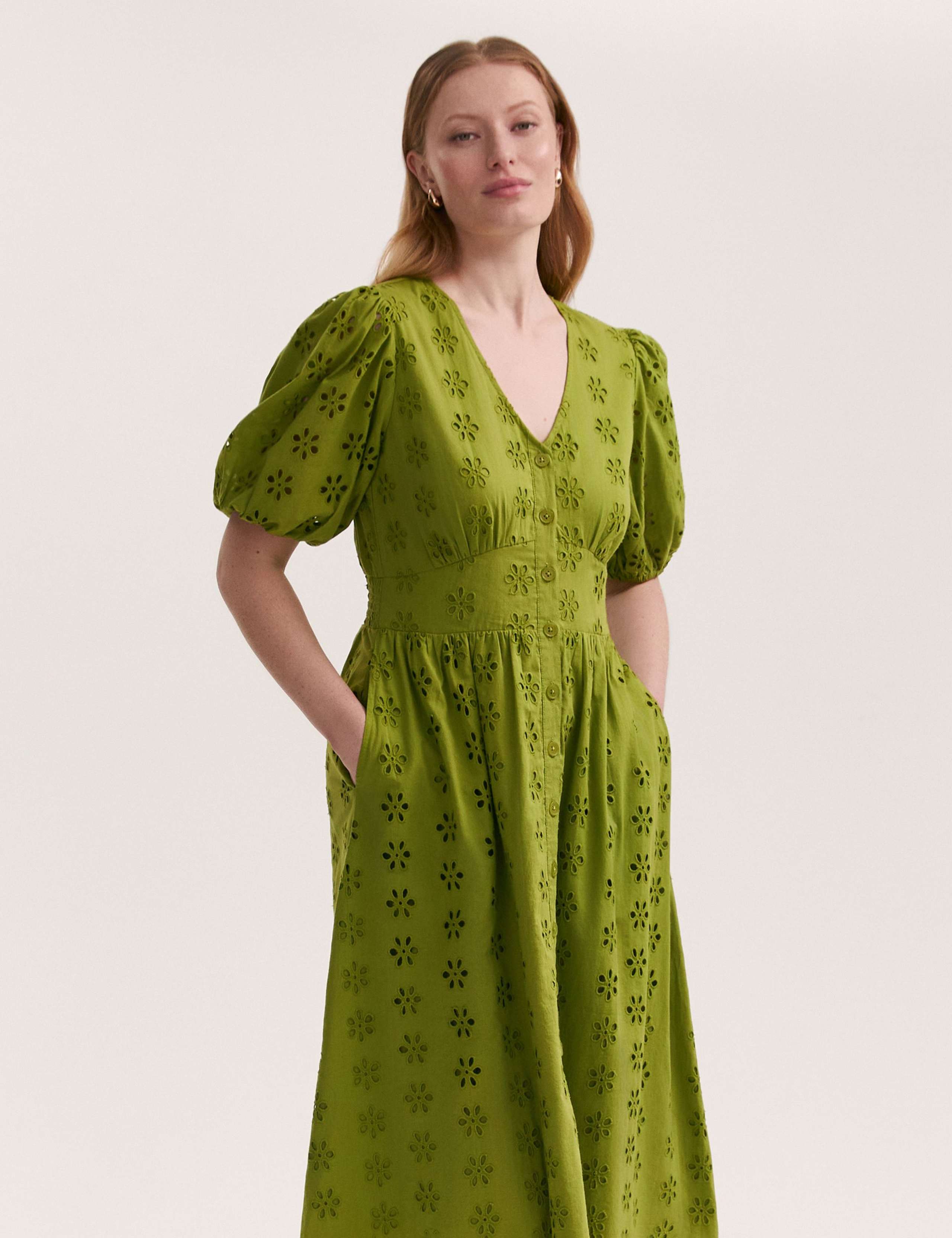 Pure Cotton Broderie V-Neck Midi Dress 3 of 5
