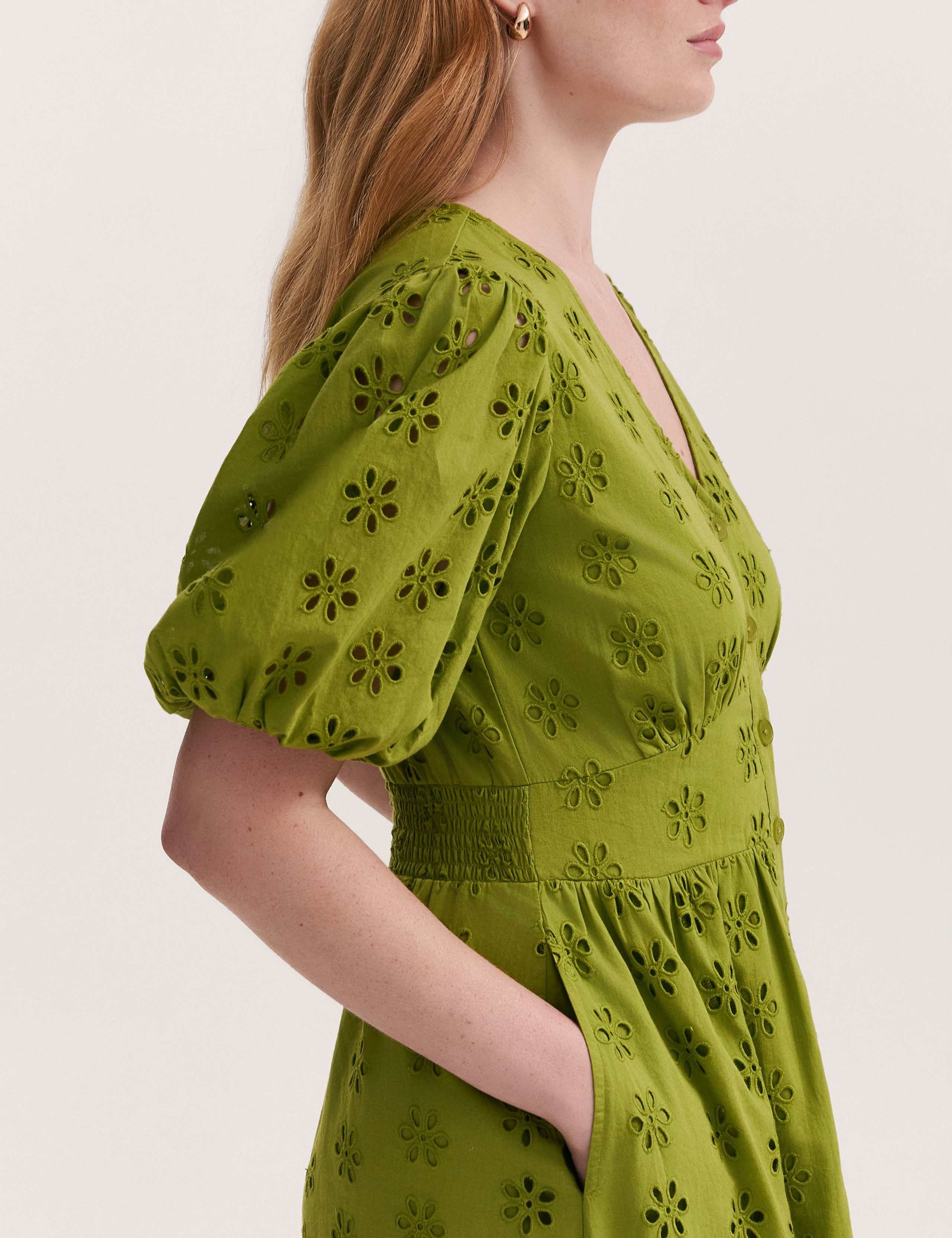 Pure Cotton Broderie V-Neck Midi Dress 4 of 5