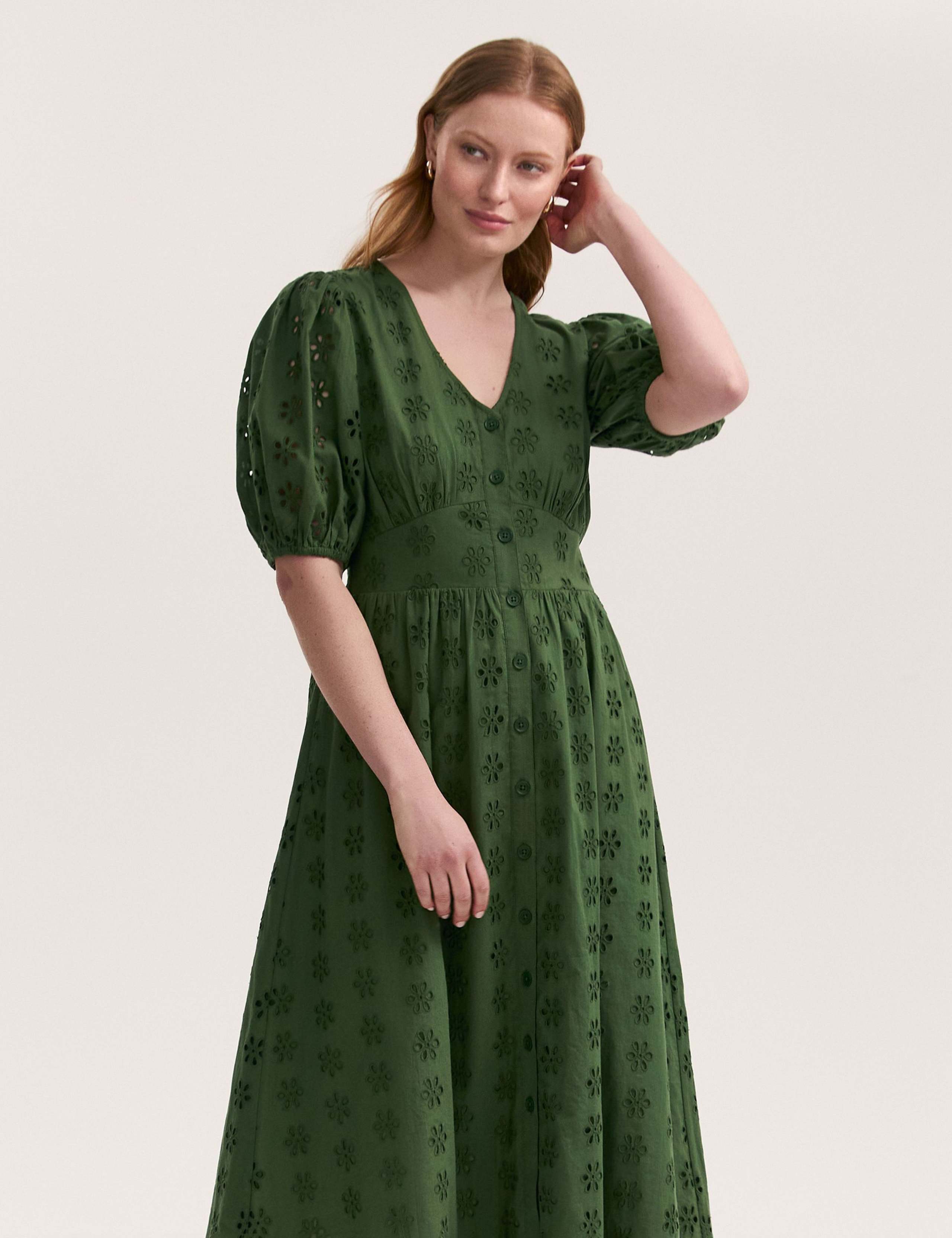Pure Cotton Broderie V-Neck Midi Dress 3 of 4
