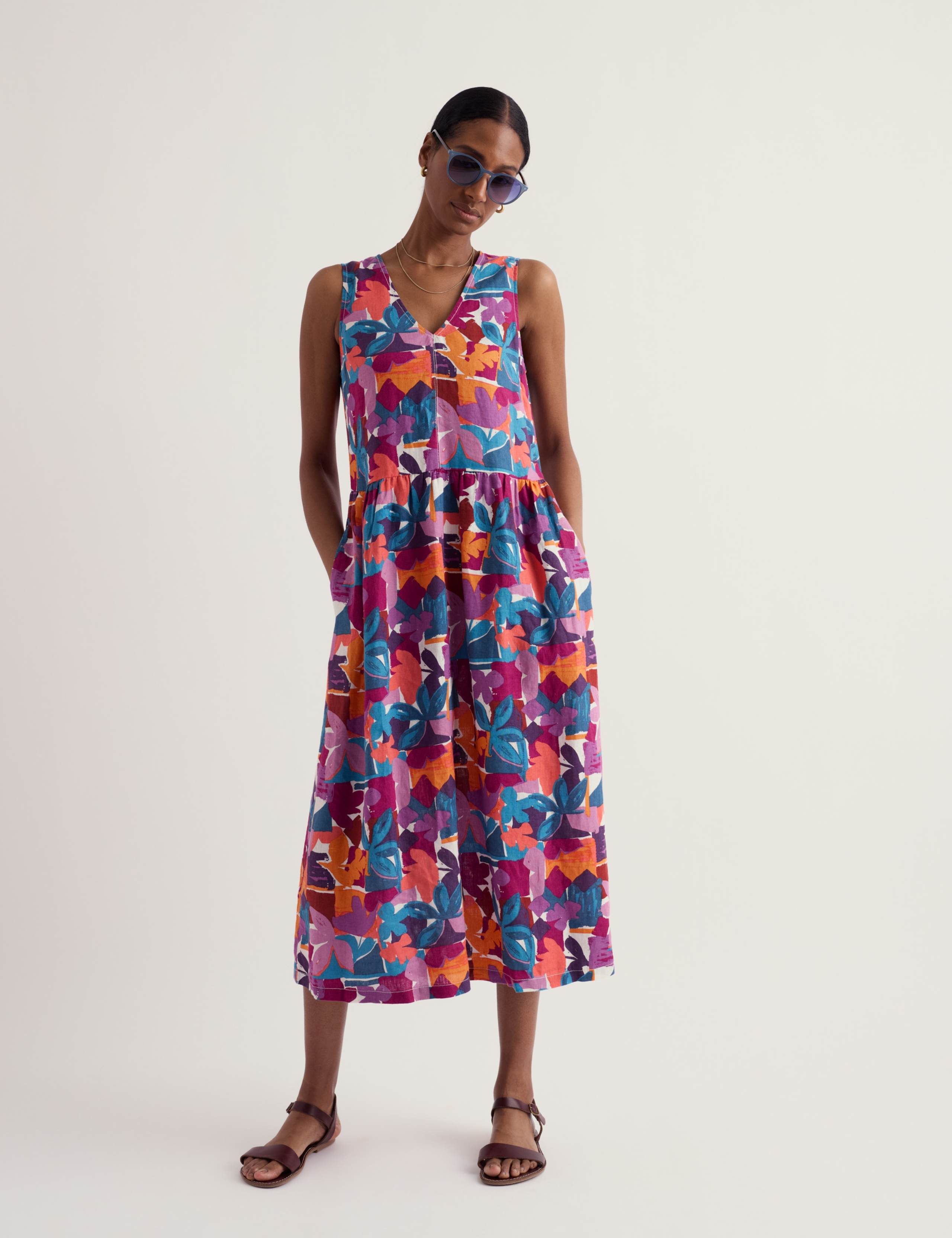 Pure Linen Floral V-Neck Midi Smock Dress 4 of 6