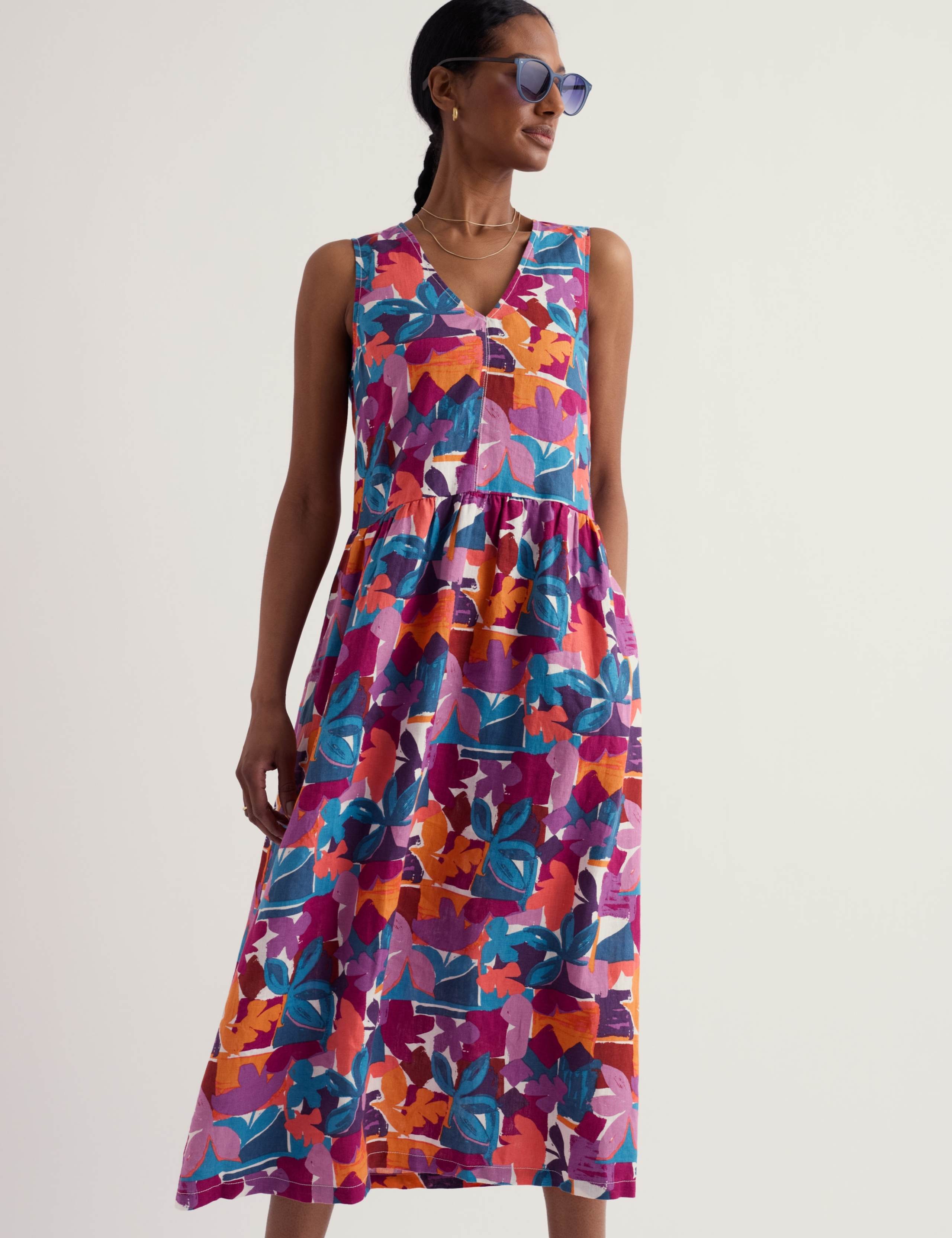 Pure Linen Floral V-Neck Midi Smock Dress 6 of 6
