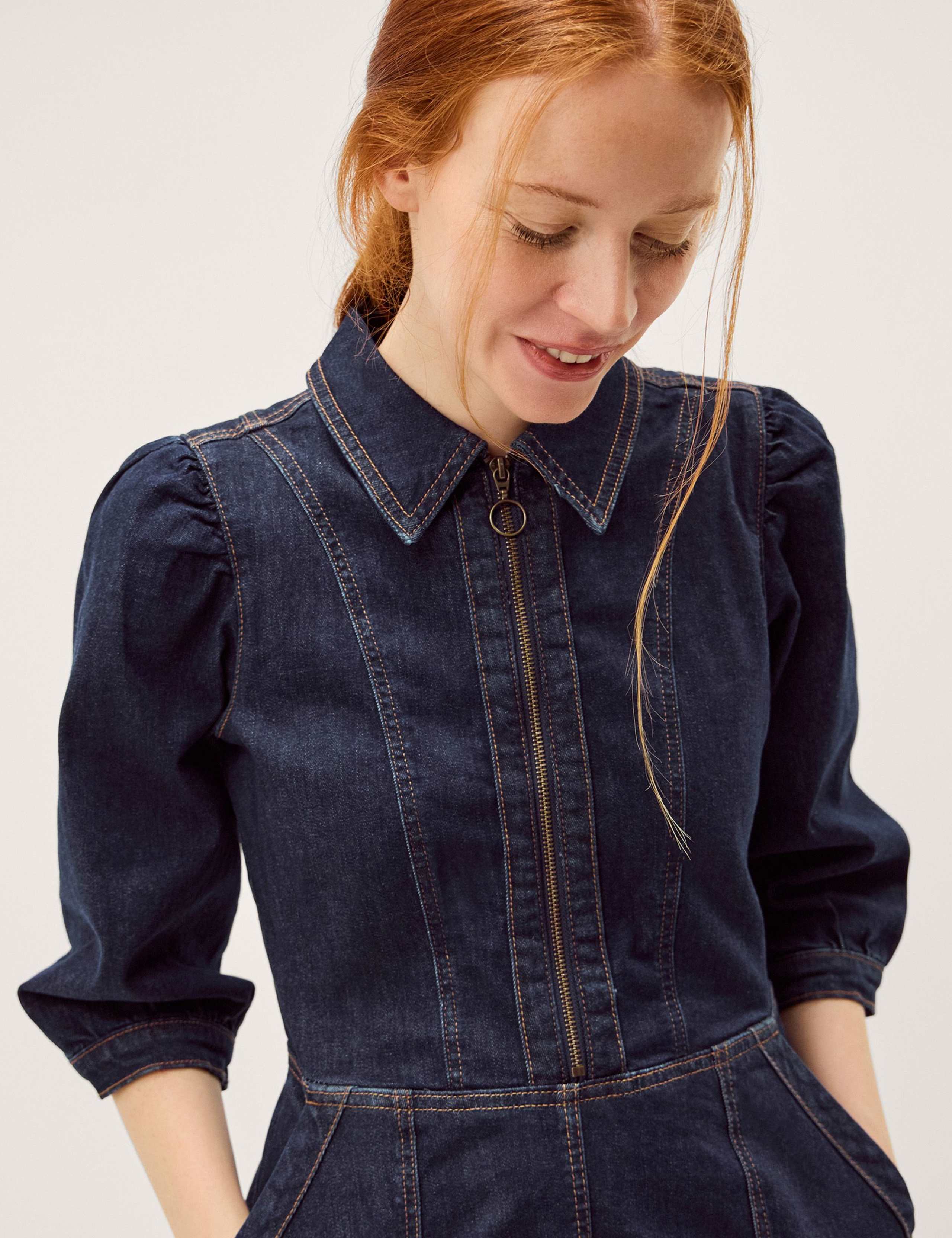 Denim Zip Front Midi Skater Dress 2 of 5