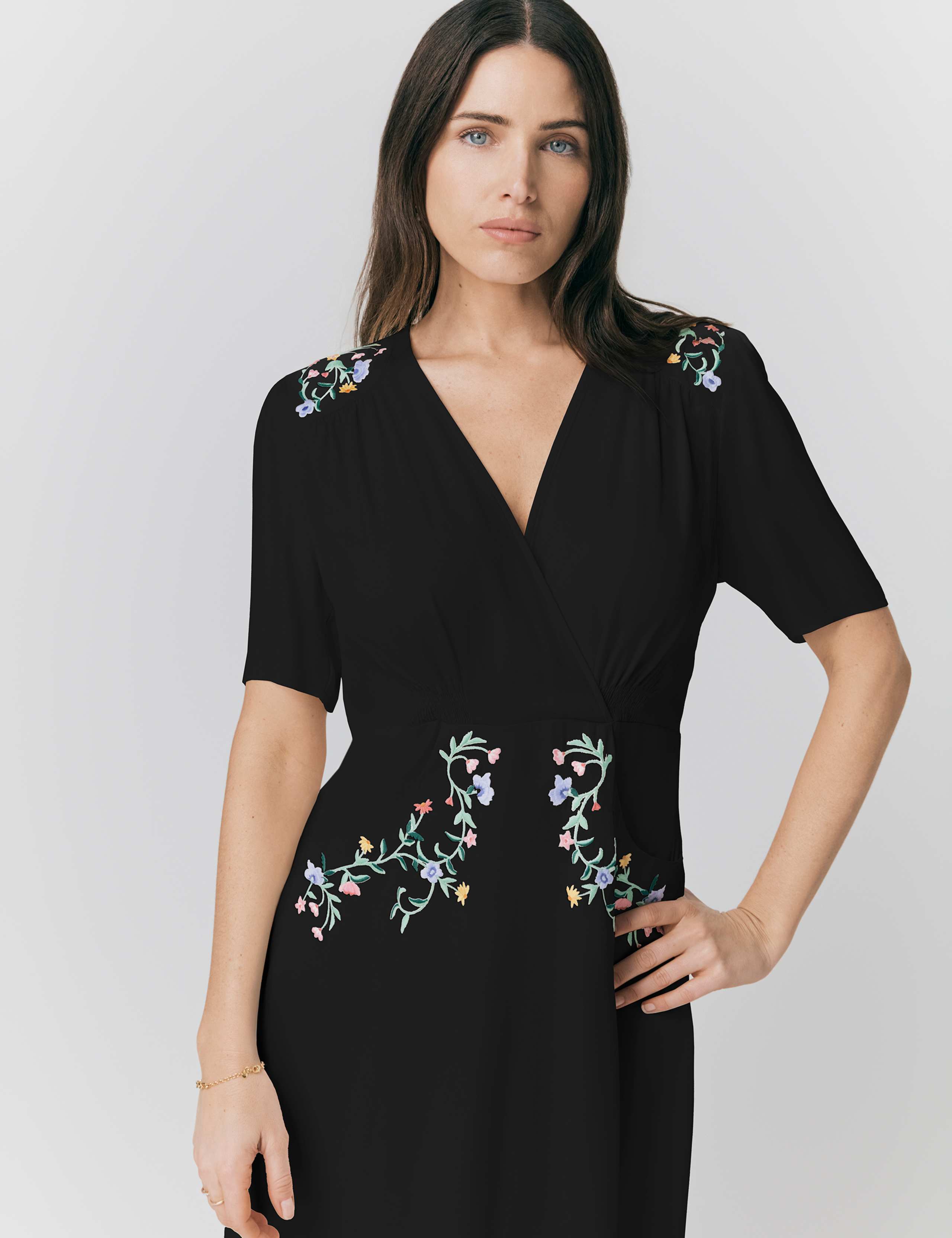 Crepe Embroidered V-Neck Midi Tea Dress 3 of 4