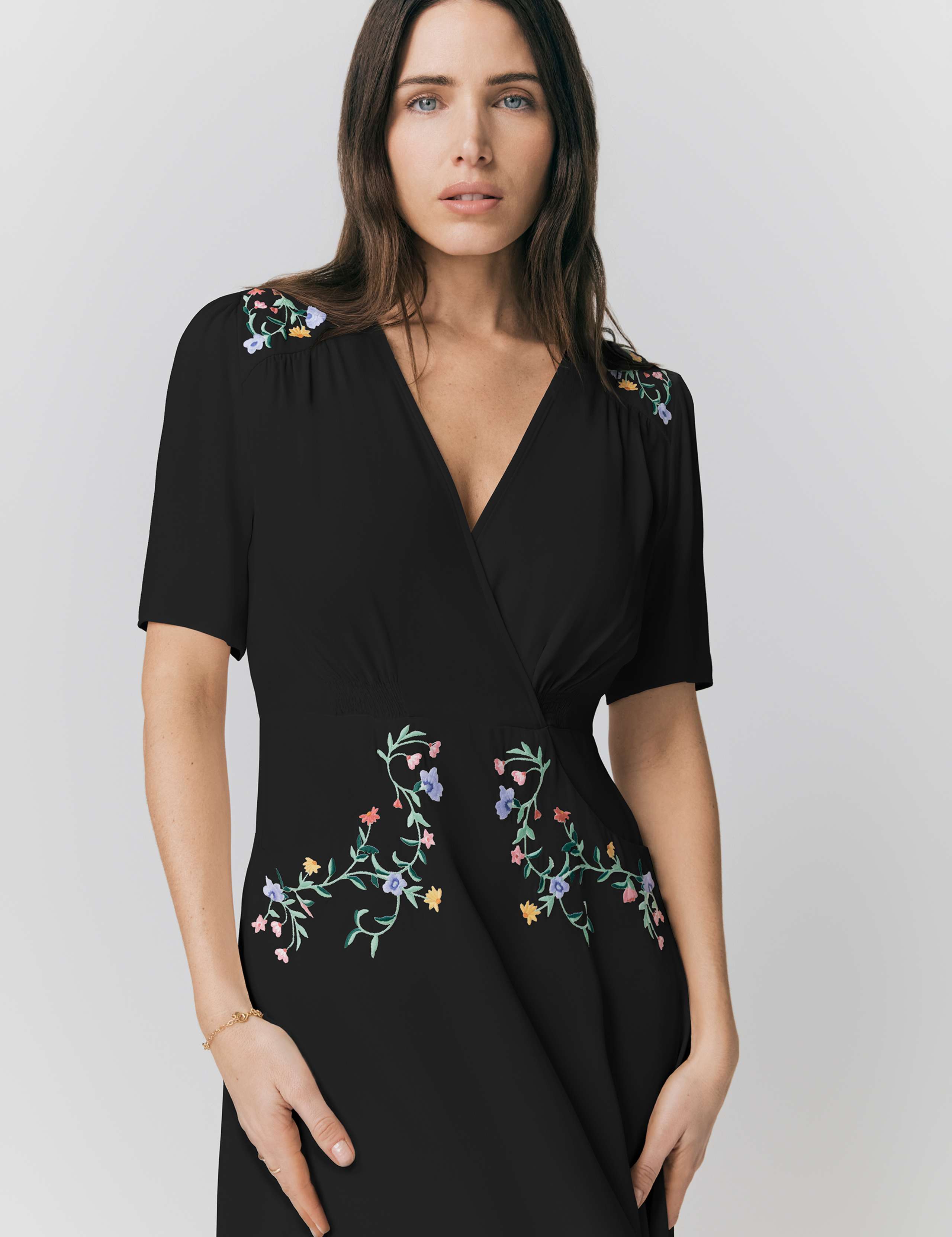 Crepe Embroidered V-Neck Midi Tea Dress 4 of 4