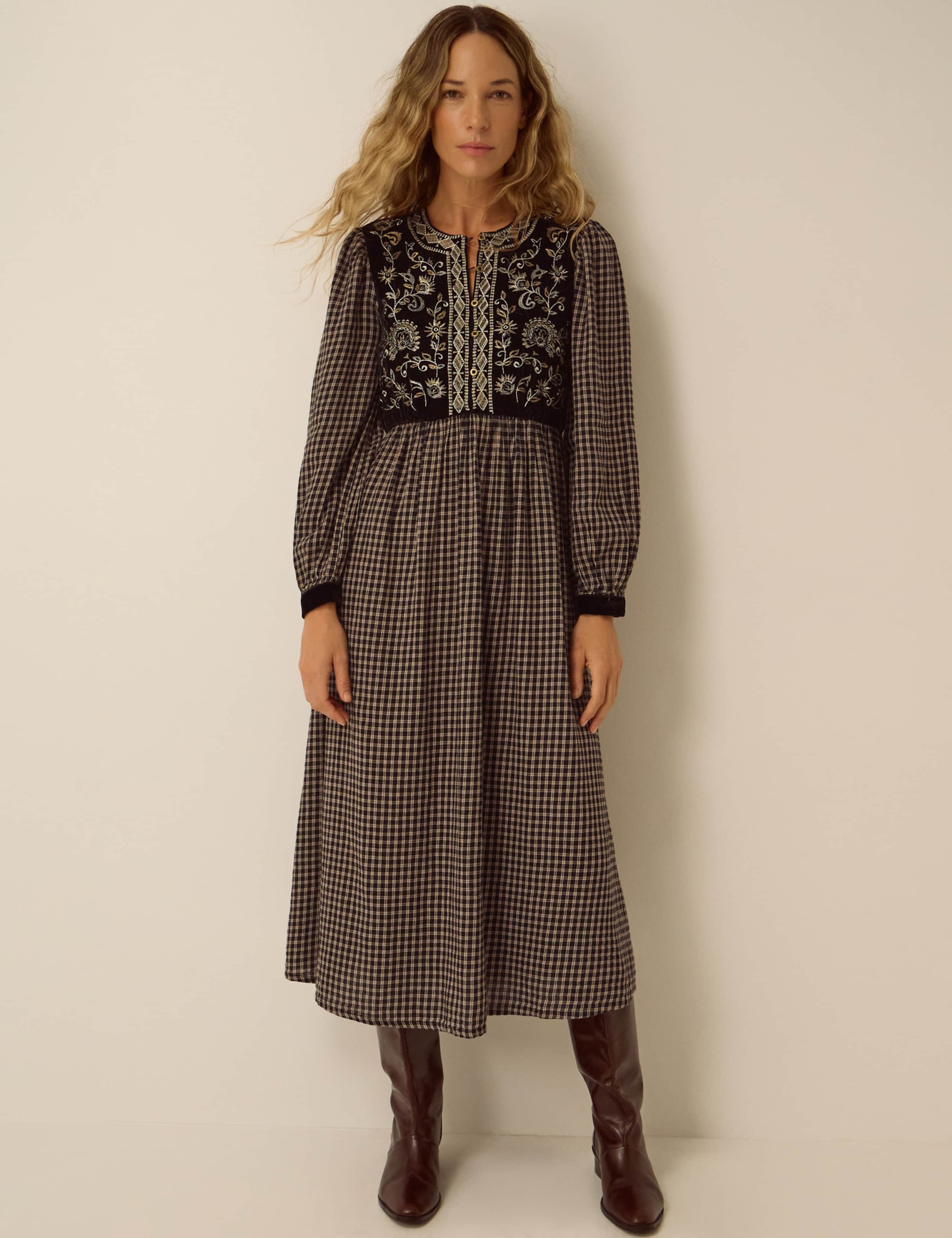 Embroidered V Neck Midi Dress 1 of 5
