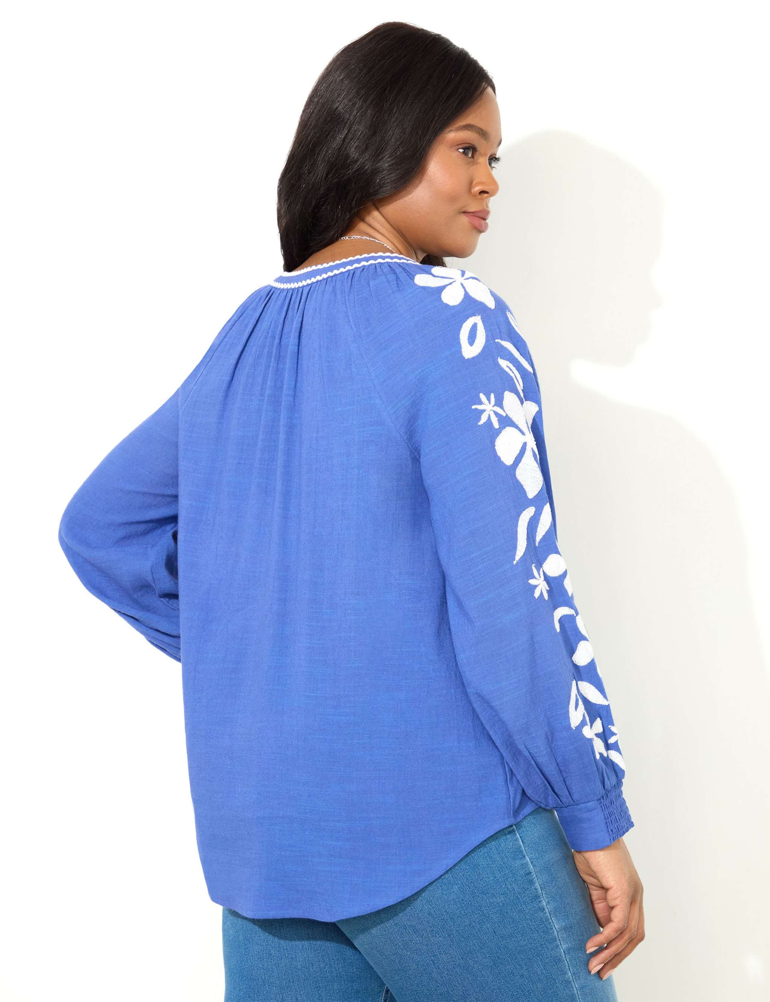 Cotton Blend Embroidered V-Neck Blouse 2 of 3