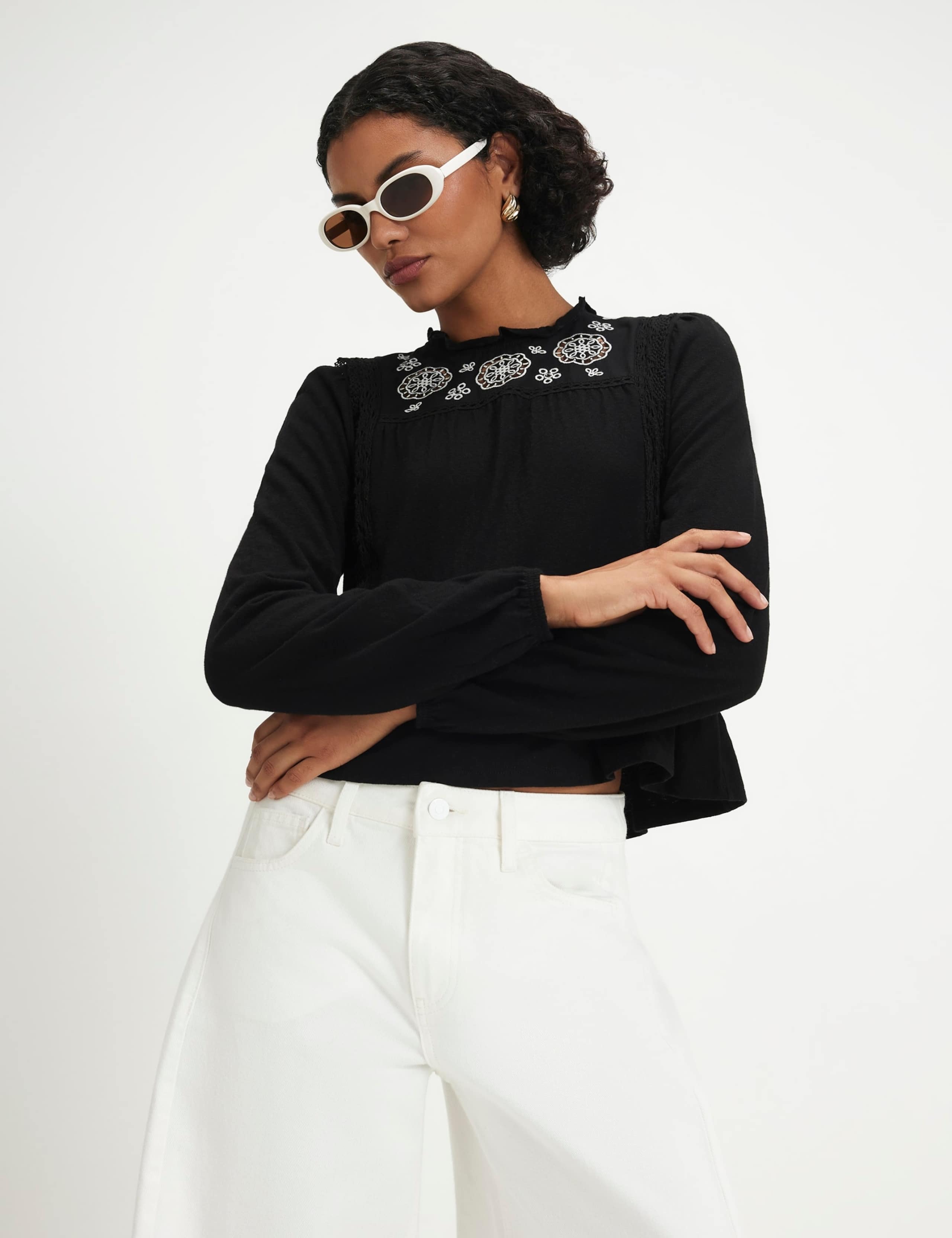 Jersey Floral Broderie High Neck Blouse 1 of 6