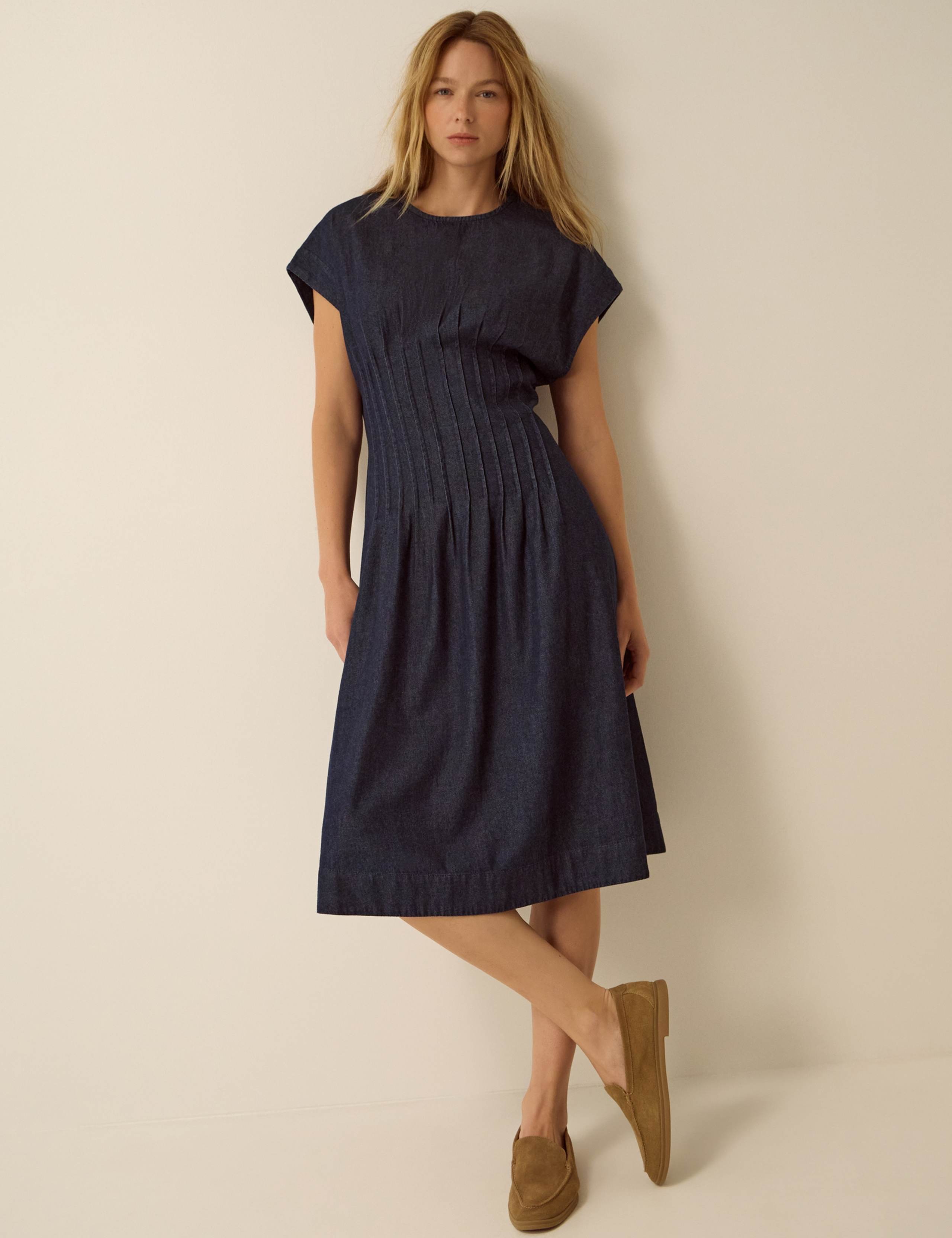 Denim Pleated Midi Dress with Lyocell 1 of 5
