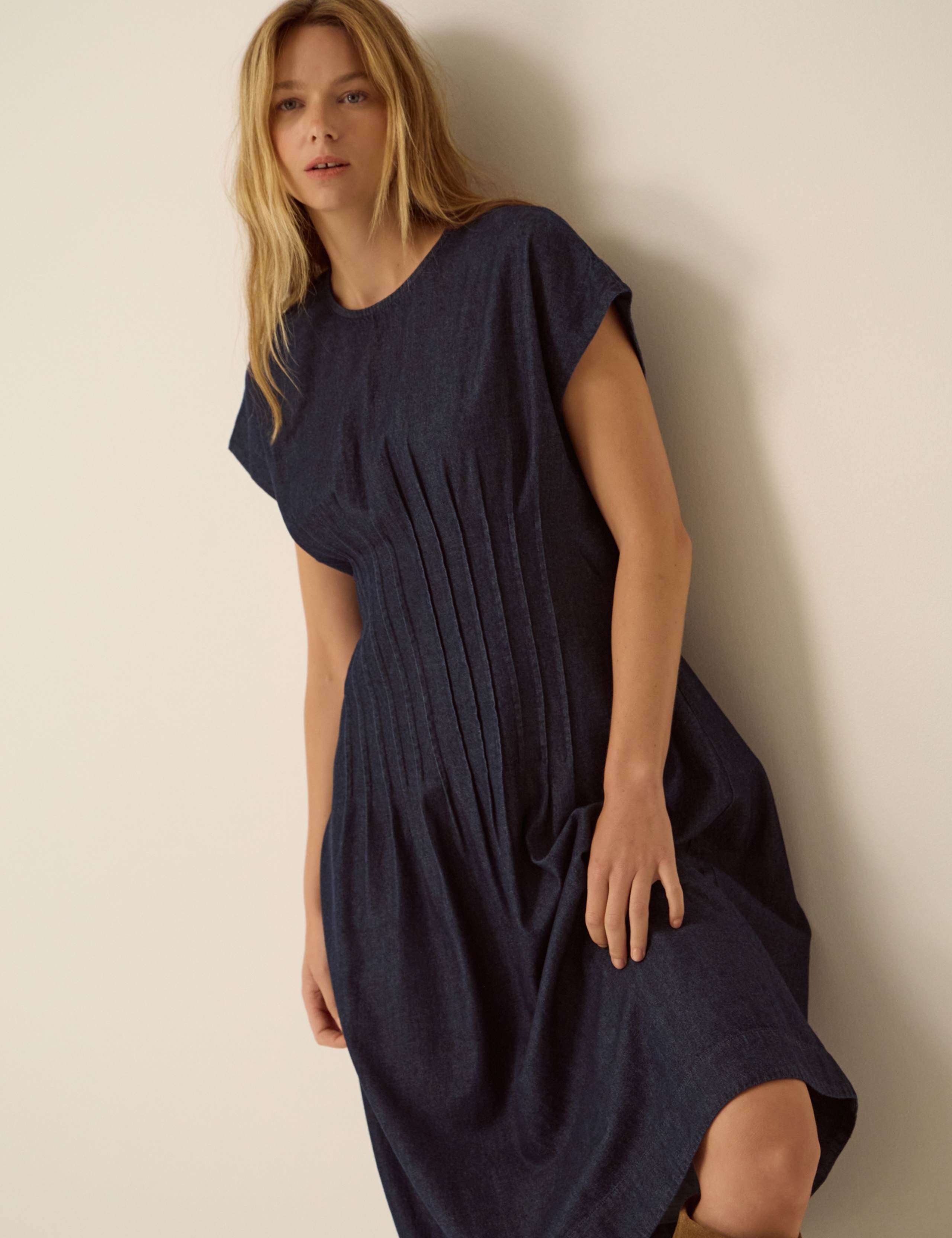 Denim Pleated Midi Dress with Lyocell 3 of 5