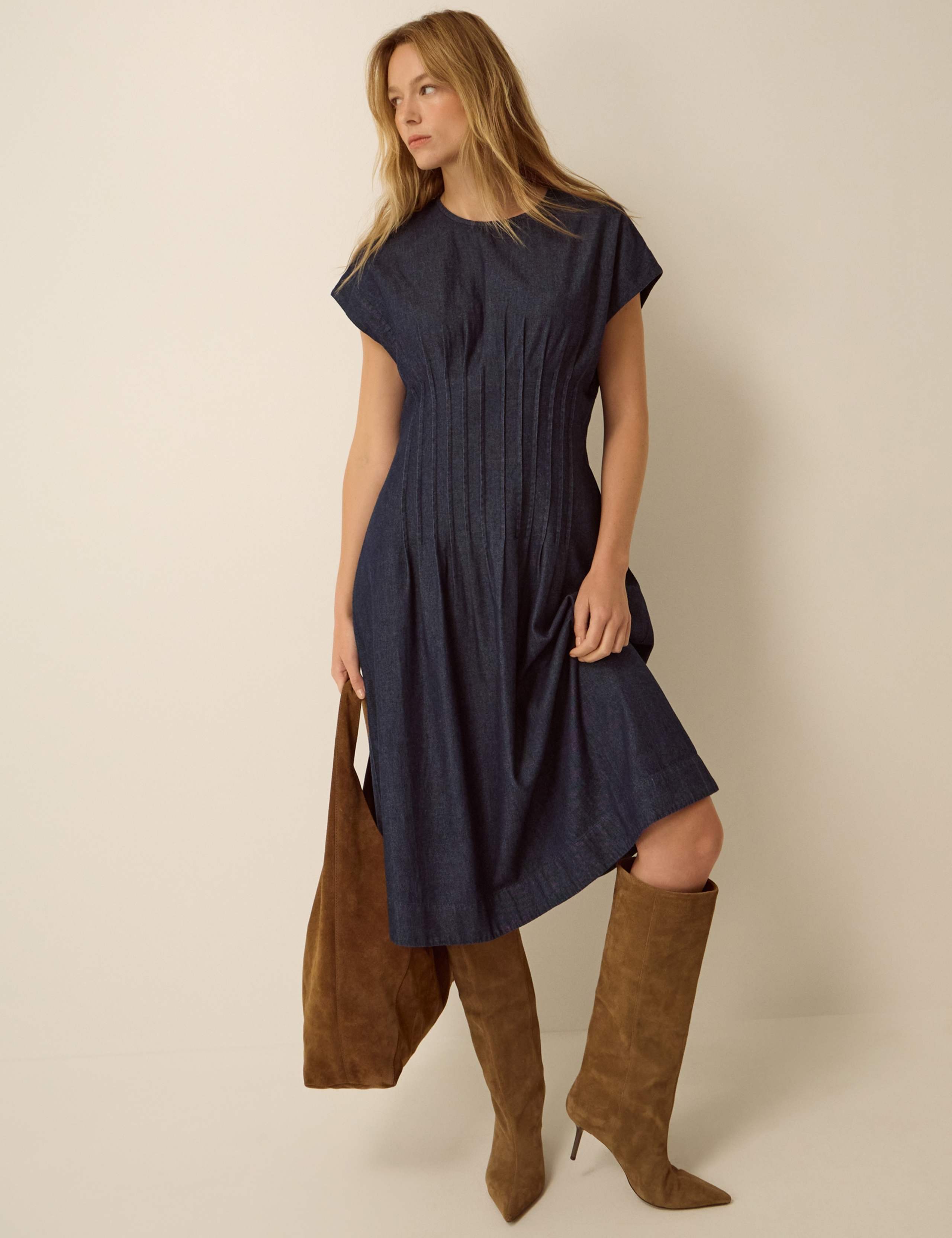 Denim Pleated Midi Dress with Lyocell 4 of 5
