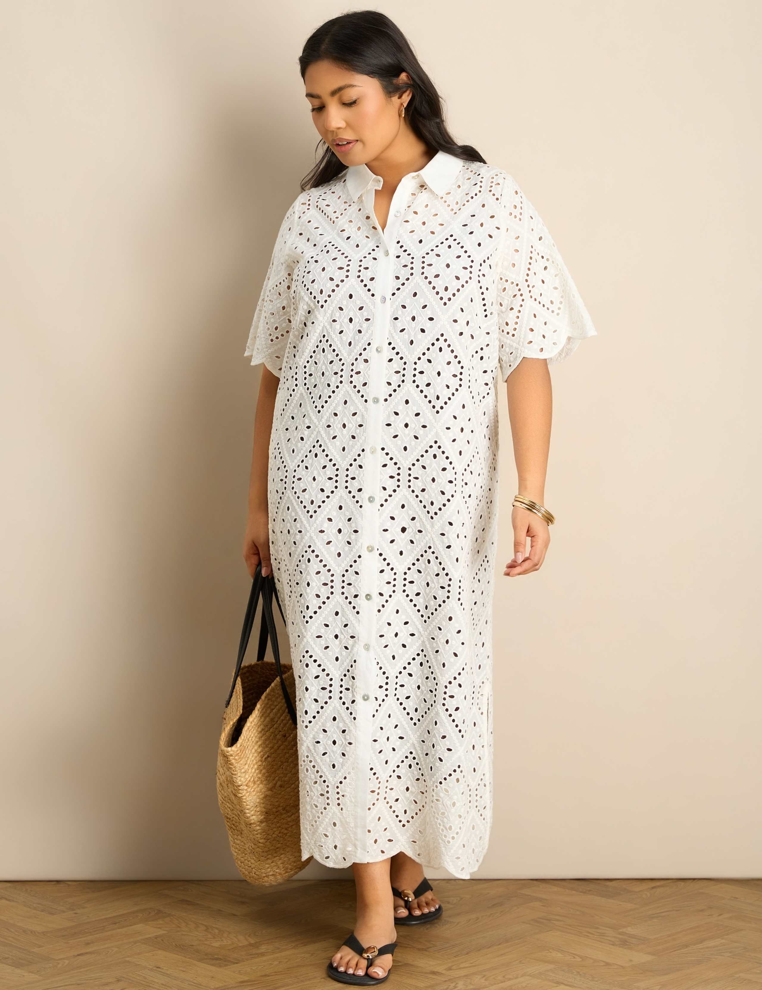 Pure Cotton Broderie Midi Shirt Dress 3 of 6