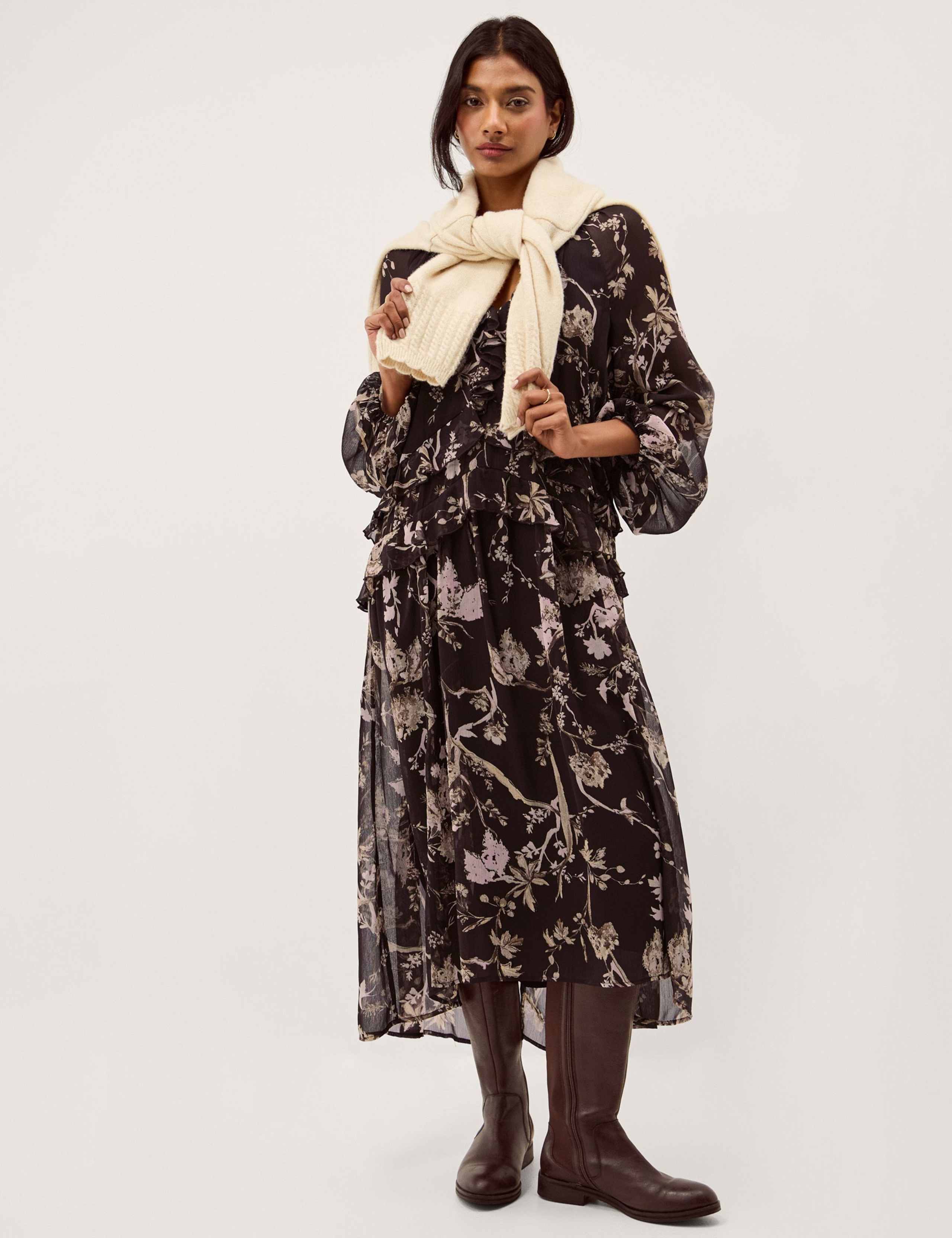 Floral Notch Neck Ruffle Midi Smock Dress 2 of 5