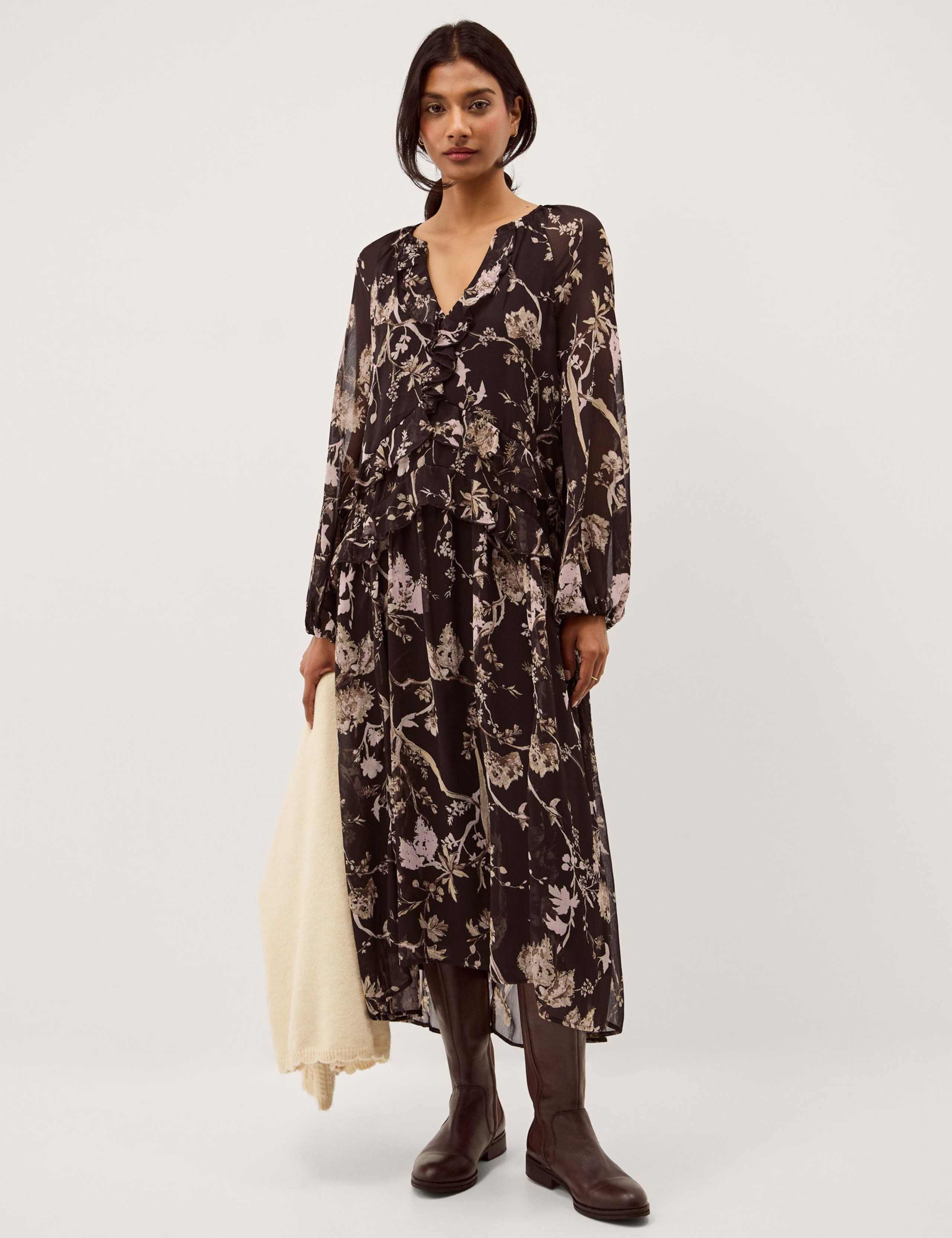 Floral Notch Neck Ruffle Midi Smock Dress 3 of 5
