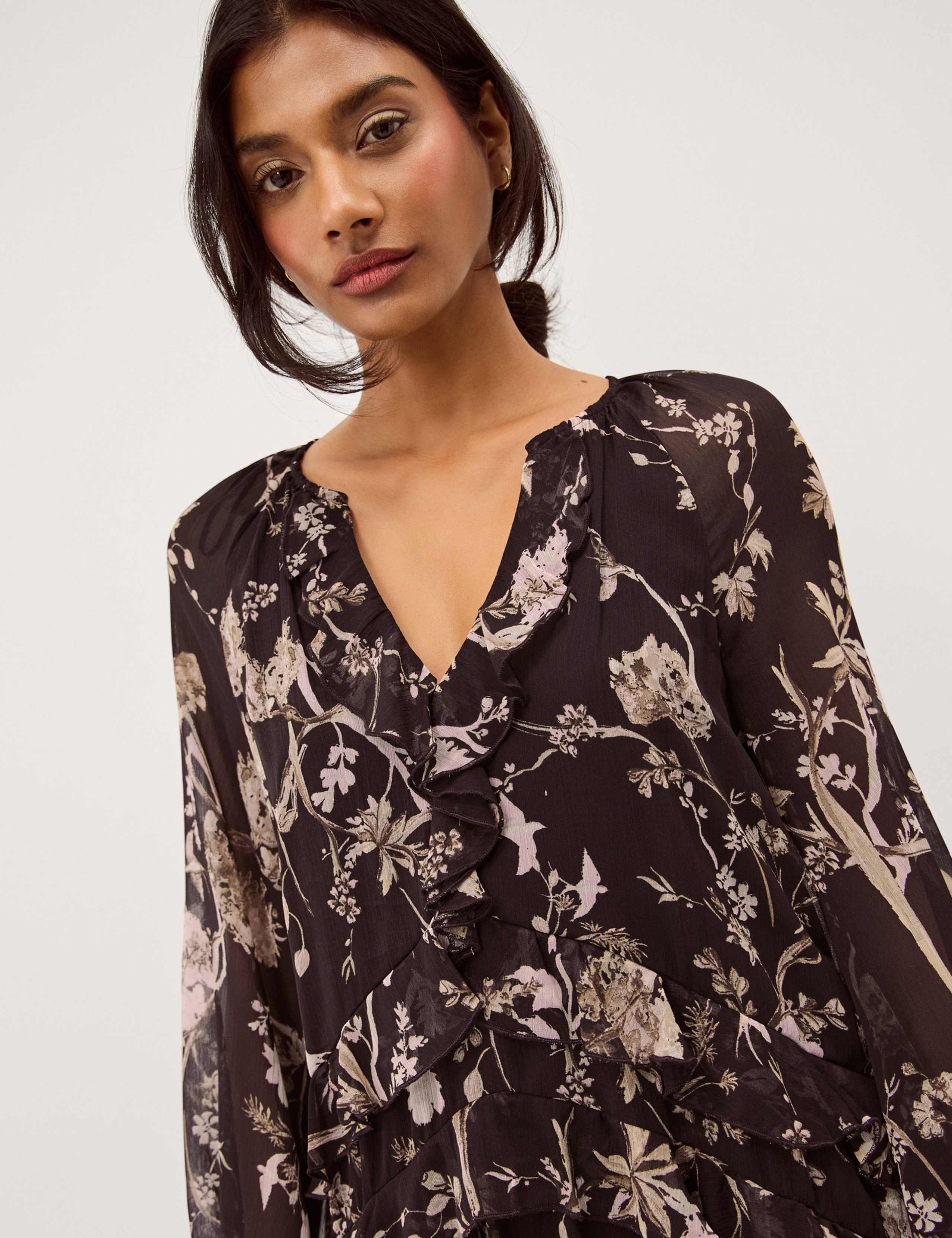 Floral Notch Neck Ruffle Midi Smock Dress 4 of 5