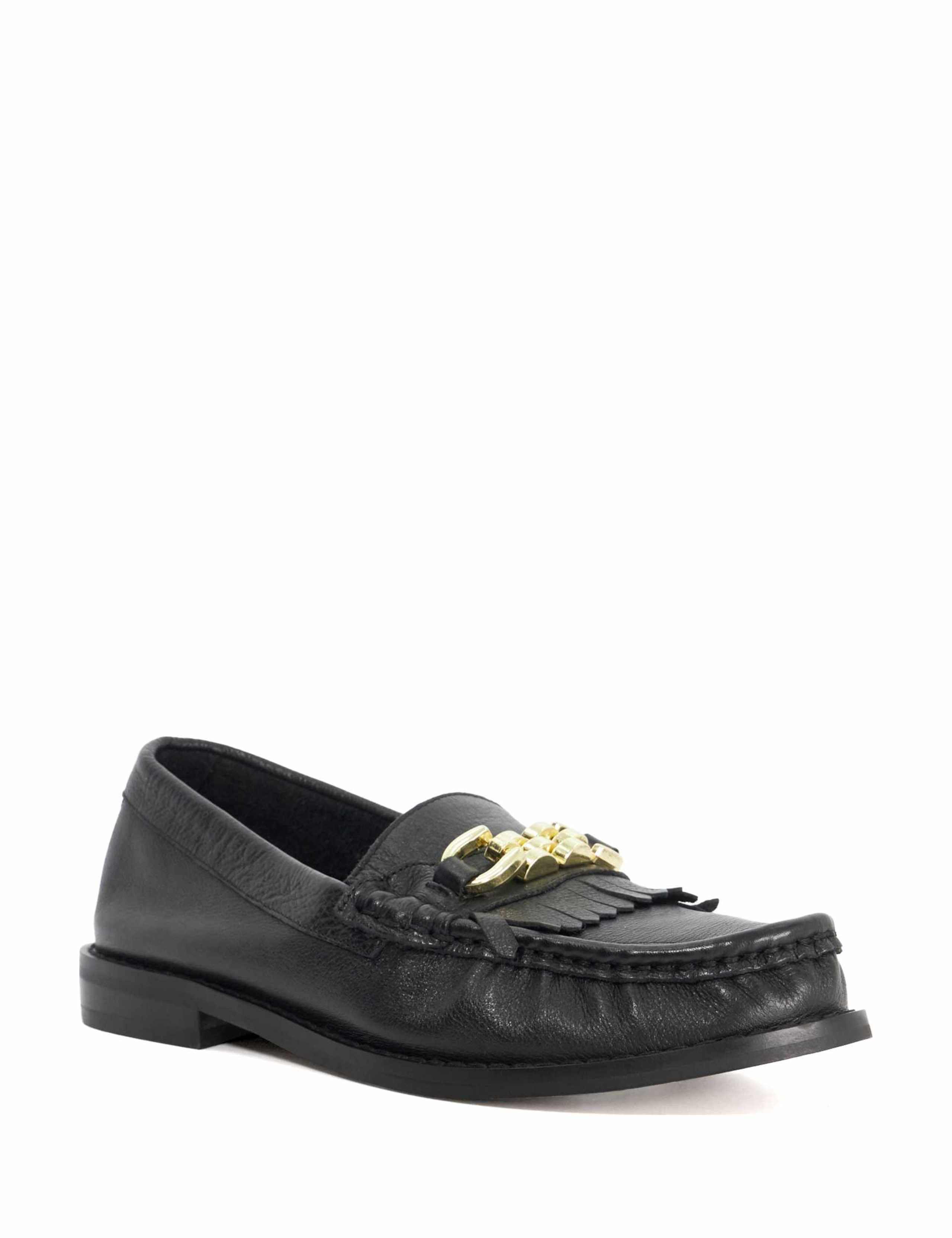 Leather Chain Detail Fringed Flat Loafers 3 of 6