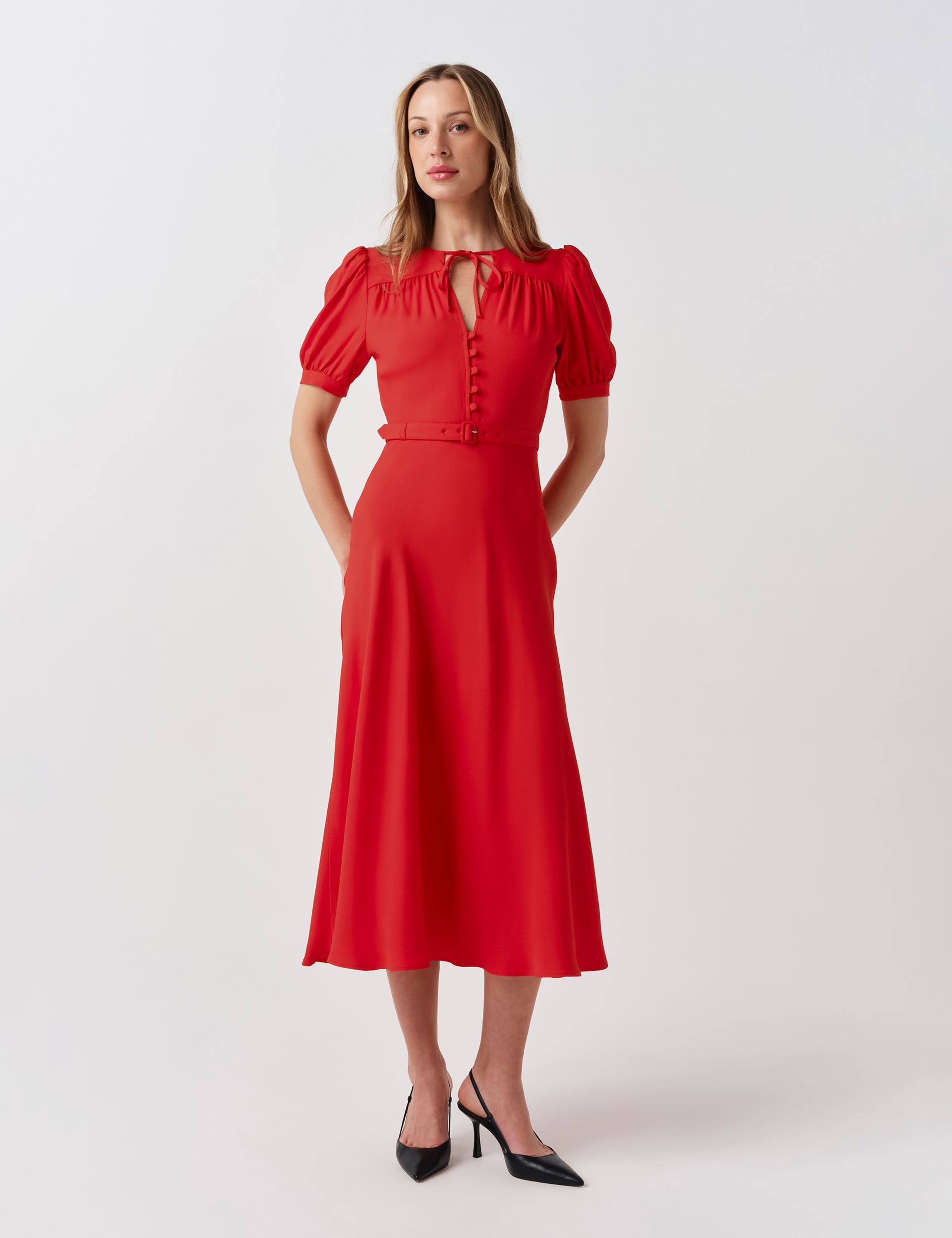 Crepe Tie Neck Midi Waisted Dress 1 of 5