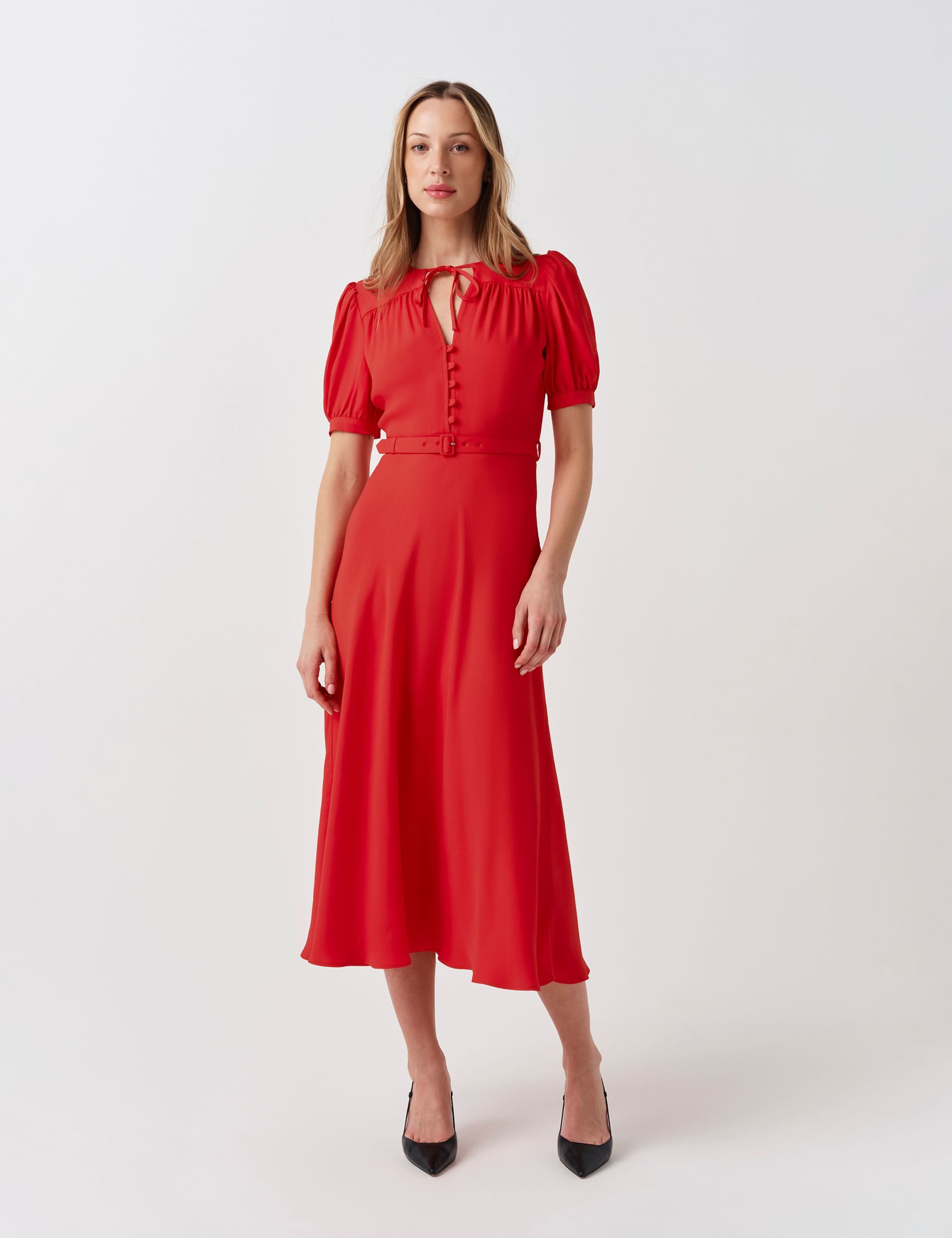 Crepe Tie Neck Midi Waisted Dress 2 of 5