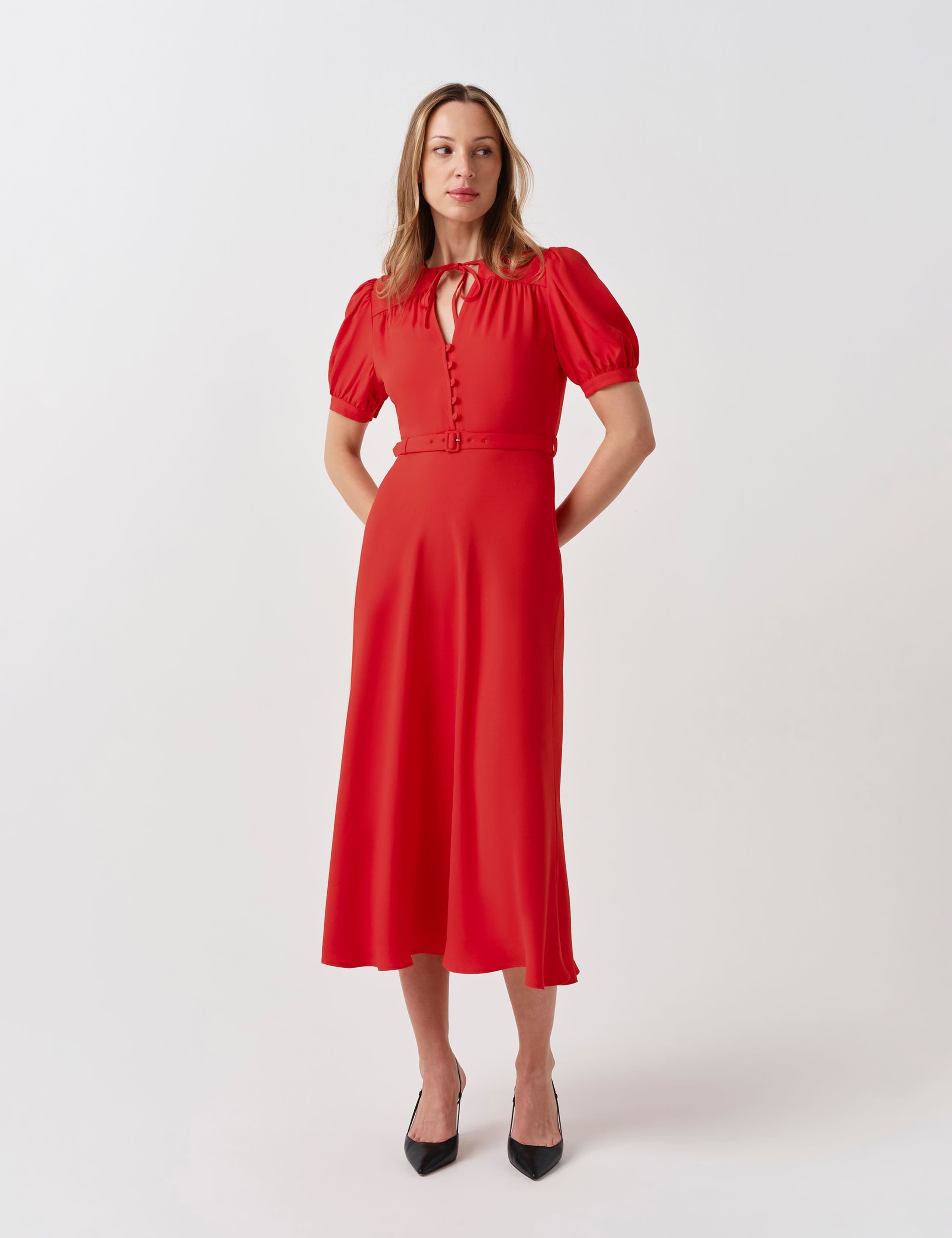 Crepe Tie Neck Midi Waisted Dress 3 of 5