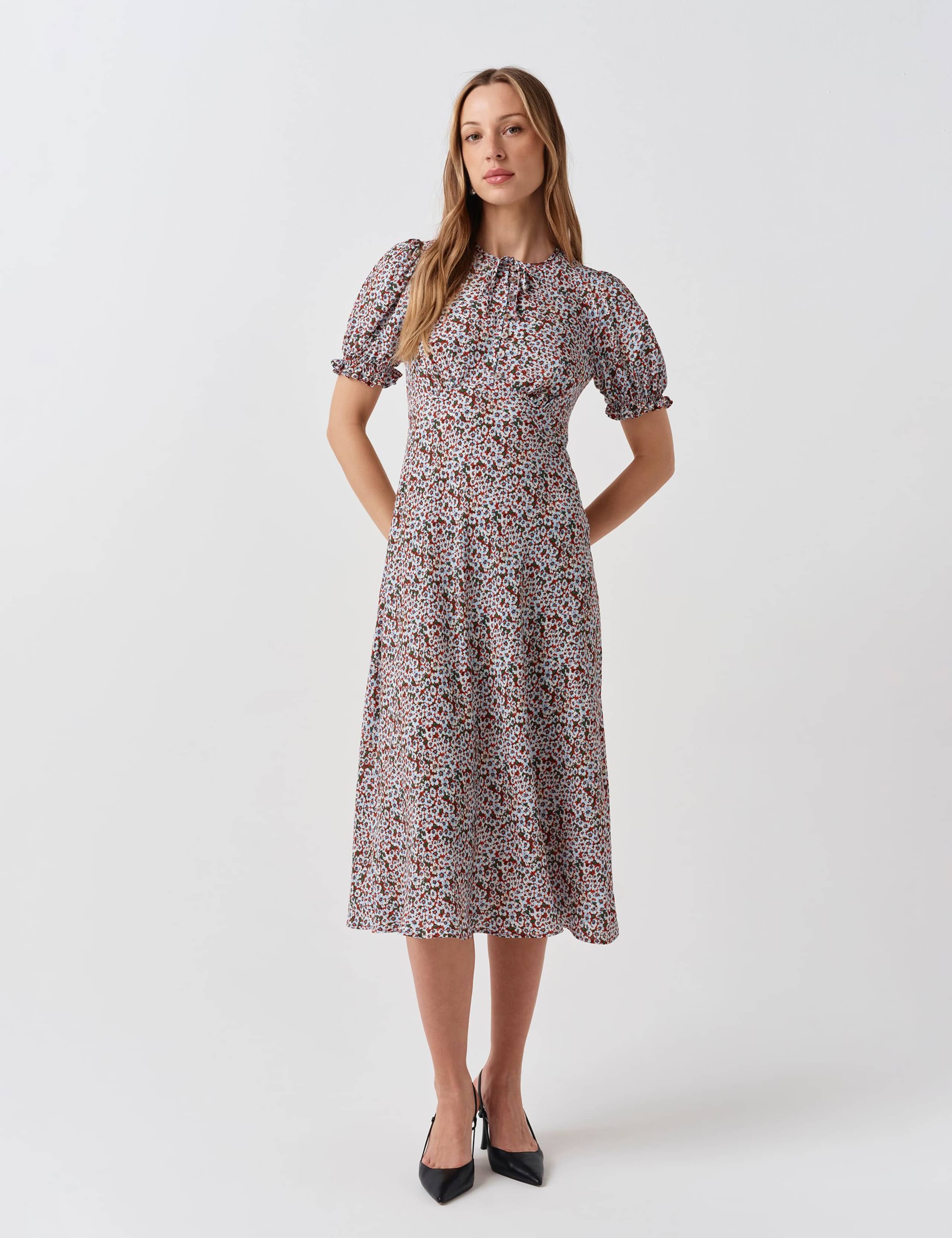 Floral Tie Neck Button Front Midi Tea Dress 1 of 6