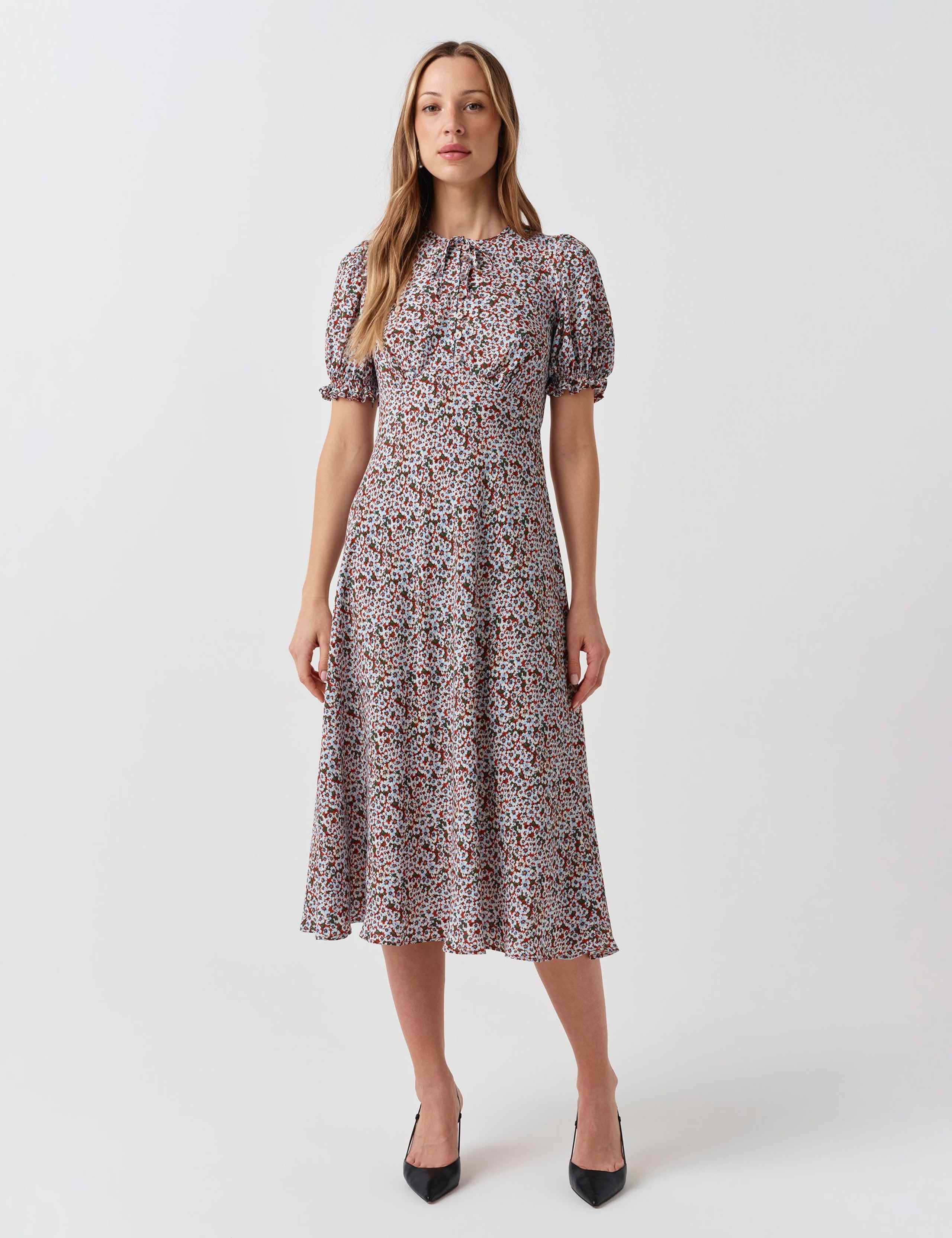 Floral Tie Neck Button Front Midi Tea Dress 2 of 6