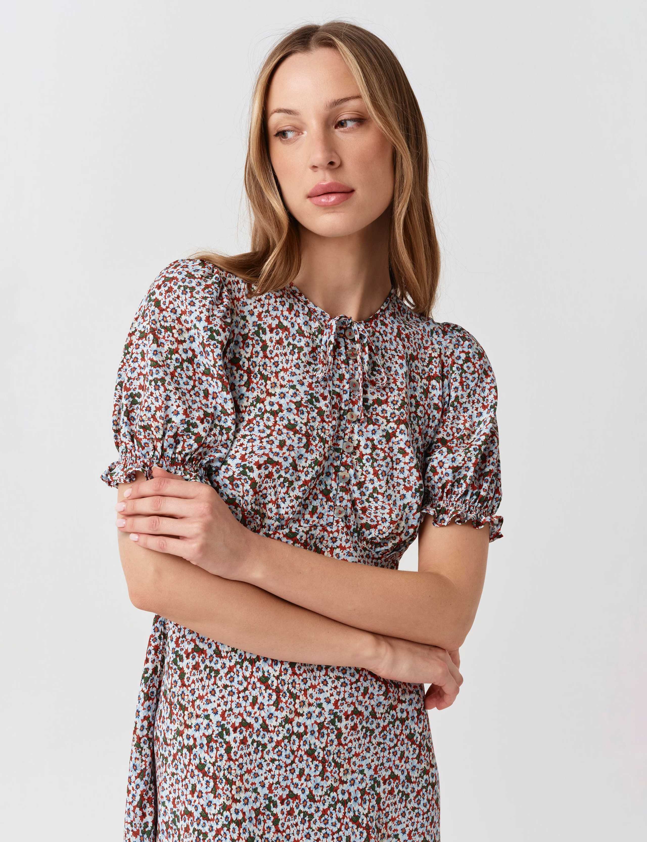 Floral Tie Neck Button Front Midi Tea Dress 4 of 6