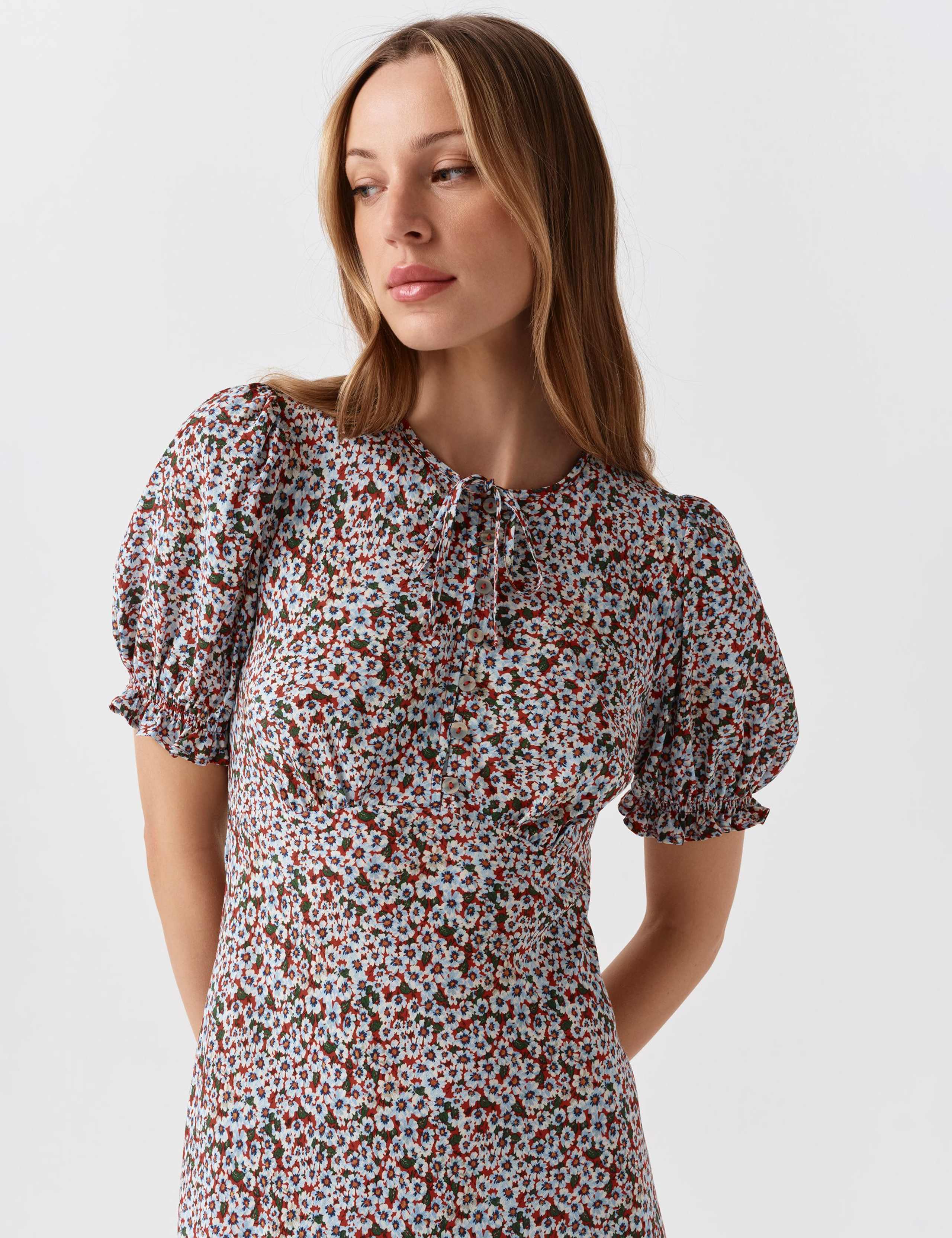 Floral Tie Neck Button Front Midi Tea Dress 5 of 6