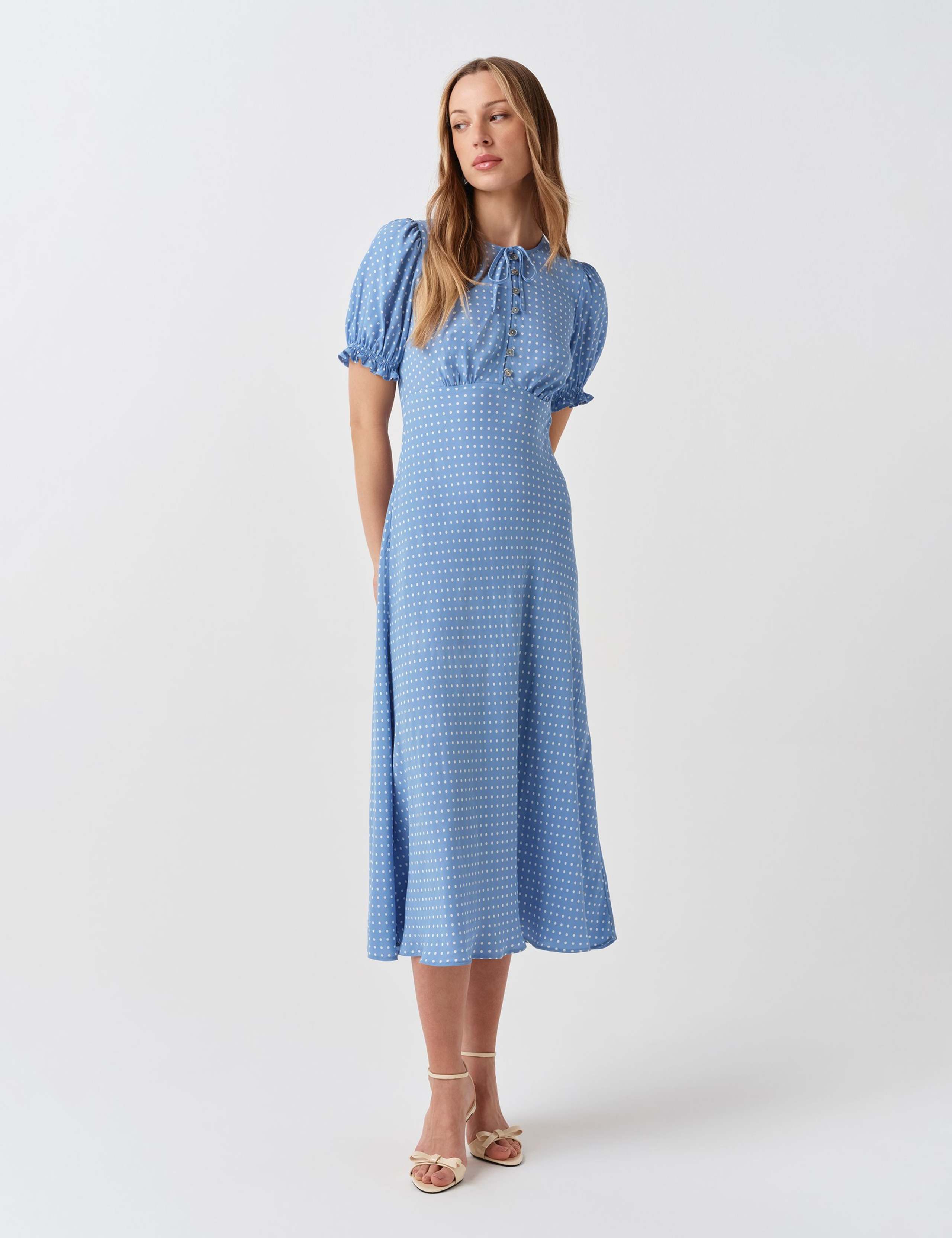 Polka Dot Tie Neck Midi Tea Dress 2 of 6