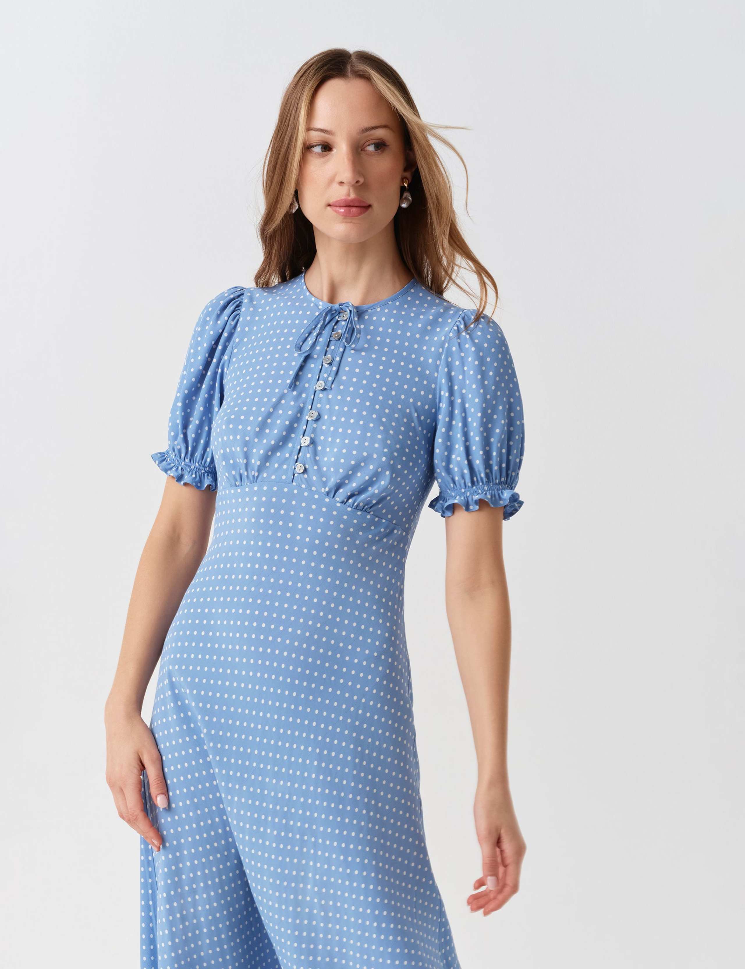 Polka Dot Tie Neck Midi Tea Dress 5 of 6