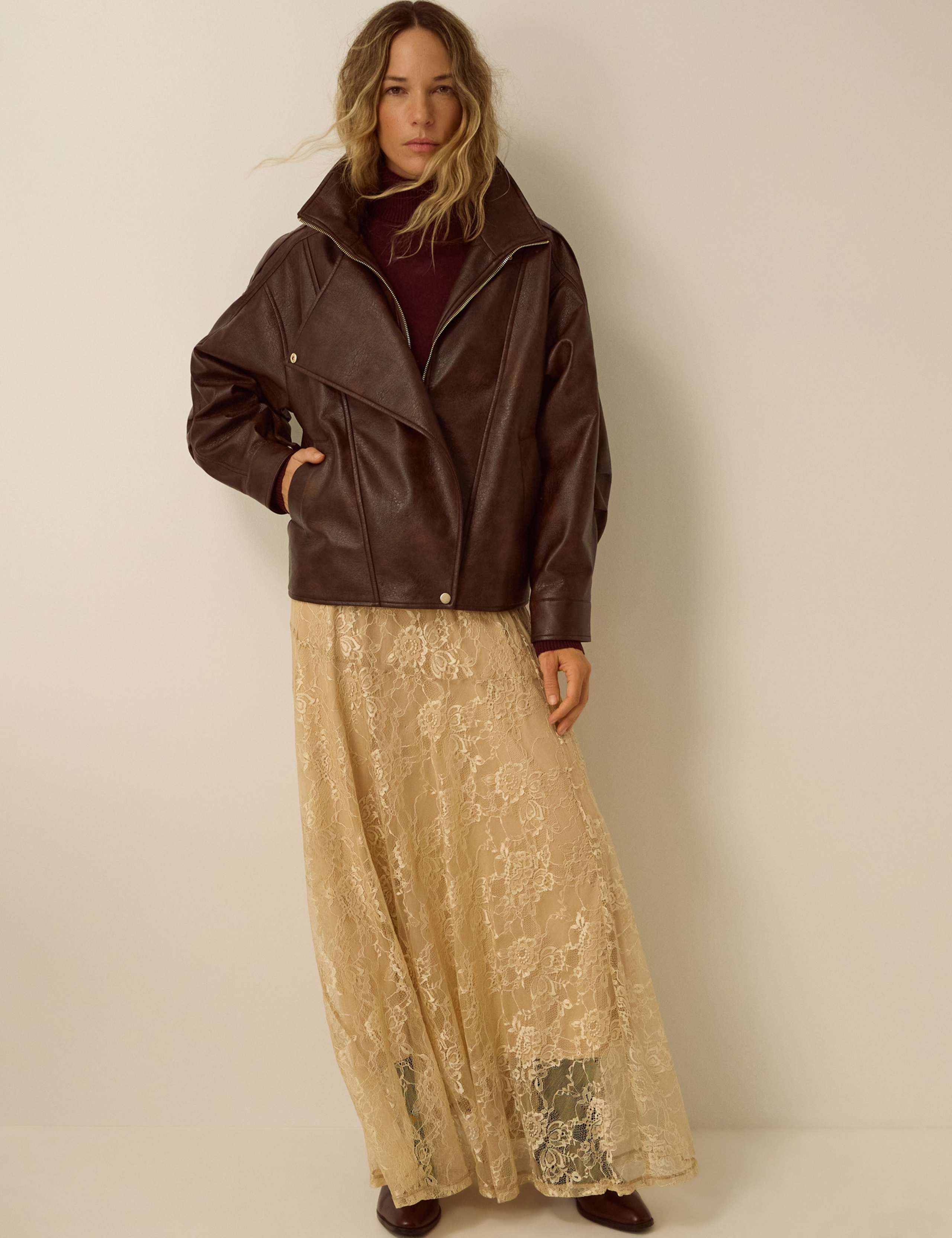 Faux Leather Funnel Neck Bomber Jacket 3 of 5